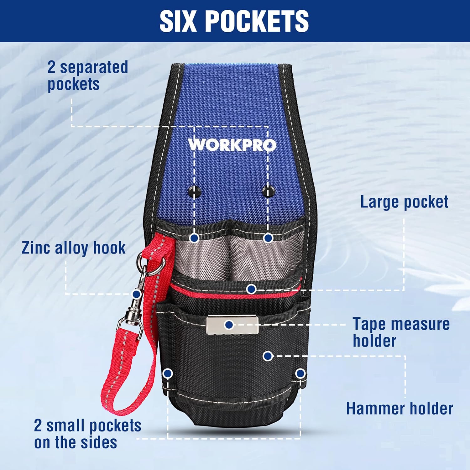 WORKPRO Small Electrician Tool Pouch, Compact Durable Tool Bag with Multiple Pockets, Heavy Duty Oxford Fabric, Comfortable Belt Loop, Zinc Alloy Hook, Perfect for Electricians, Technicians - Image 4