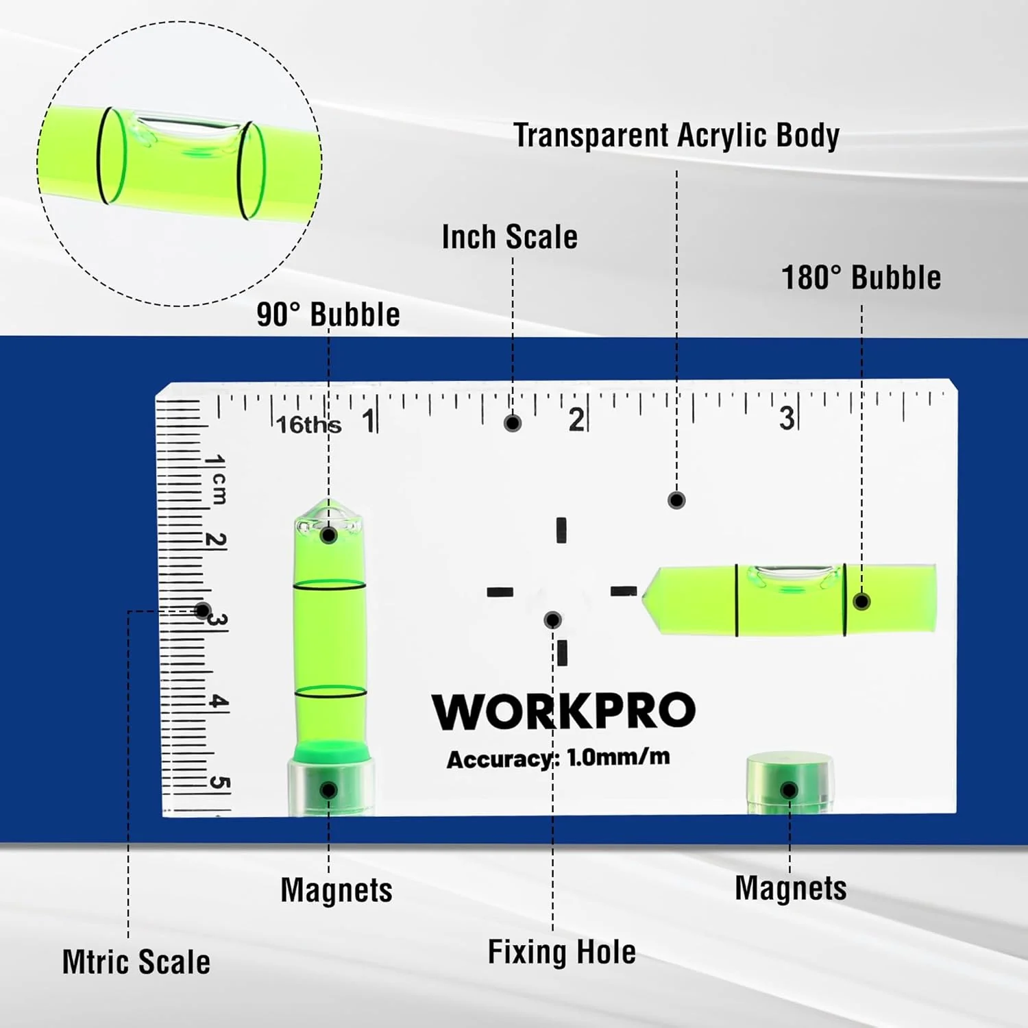WORKPRO Small Level, 3-3/4 Inch Mini Level Tool, Magnetic Level with 2 Different Bubbles 90°/180°, Shatterproof Cross Check Bubble Level, Pocket Level for Picture Hanging Tool - Image 3