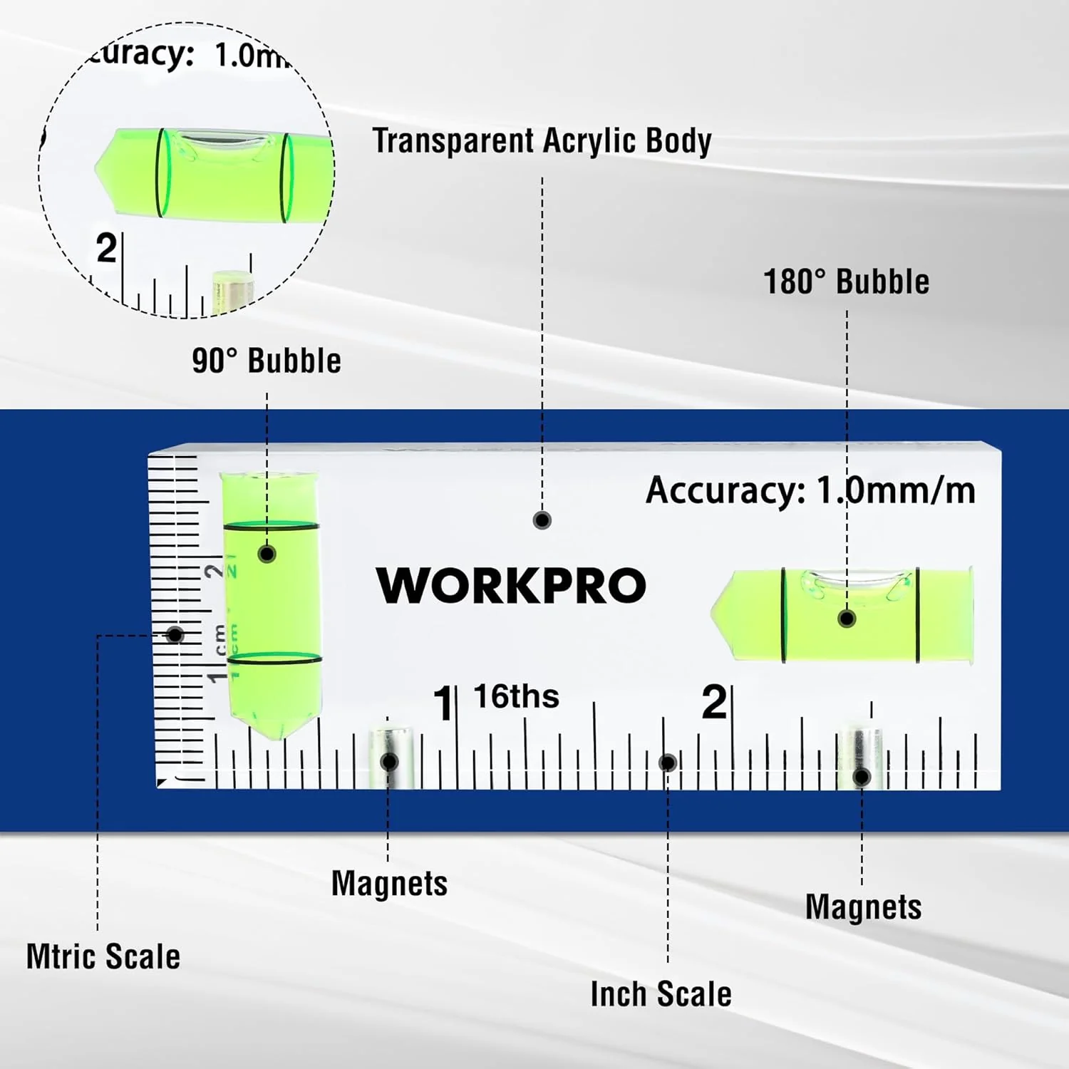WORKPRO Small Level, 3 Inch Mini Level Tool, Magnetic Level with 2 Different Bubbles 90°/180°, Shatterproof Cross Check Bubble Level, Pocket Level for Picture Hanging Tool - Image 3