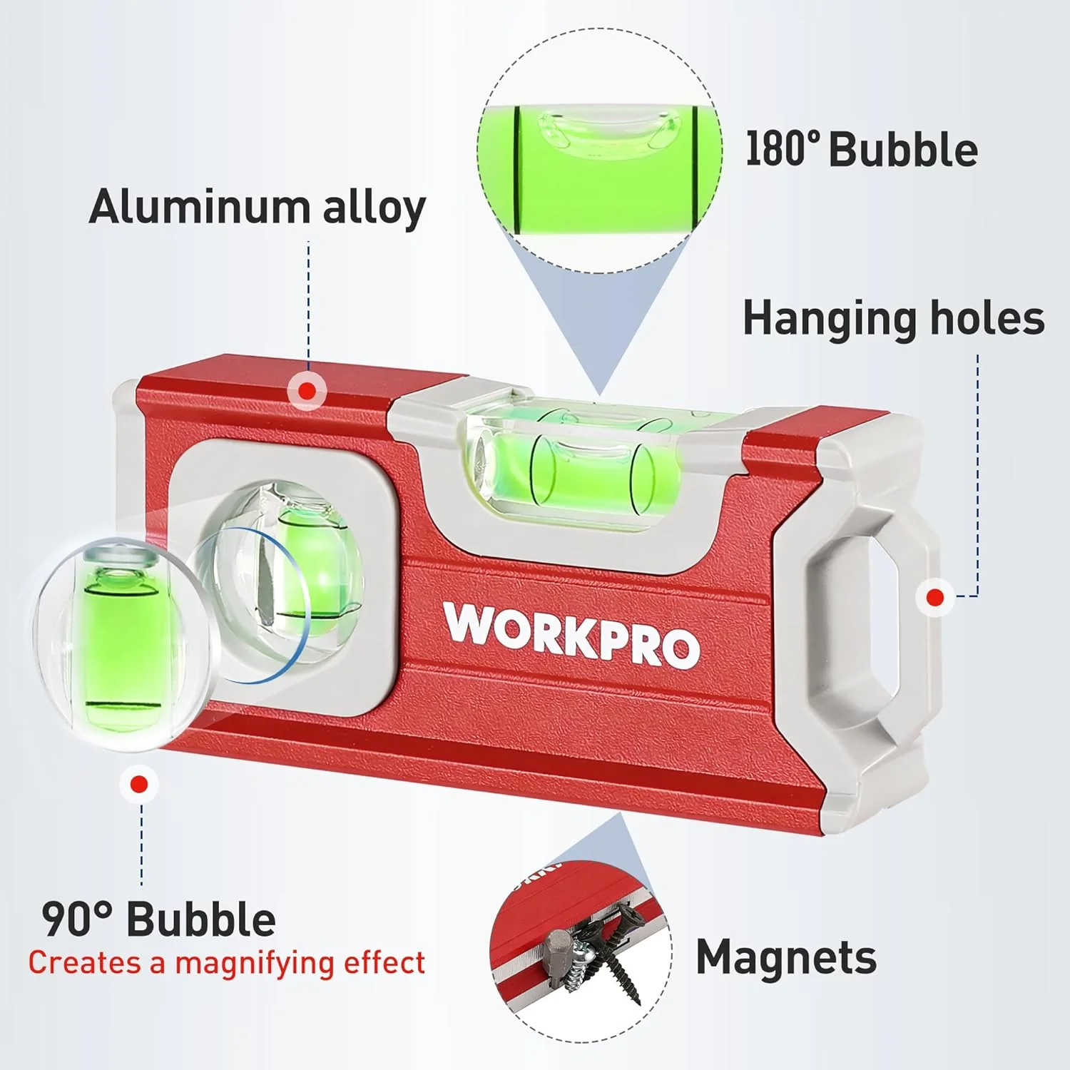 WORKPRO Small Level, 4-1/2 Inch Mini Level Tool, Magnetic Pocket Level with 2 Different Bubbles 90°/180°, Aluminum Alloy Construction, Red - Image 3