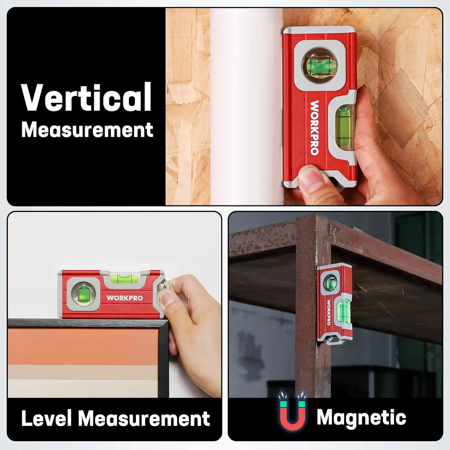 WORKPRO Small Level, 4-1/2 Inch Mini Level Tool, Magnetic Pocket Level with 2 Different Bubbles 90°/180°, Aluminum Alloy Construction, Red - Image 7