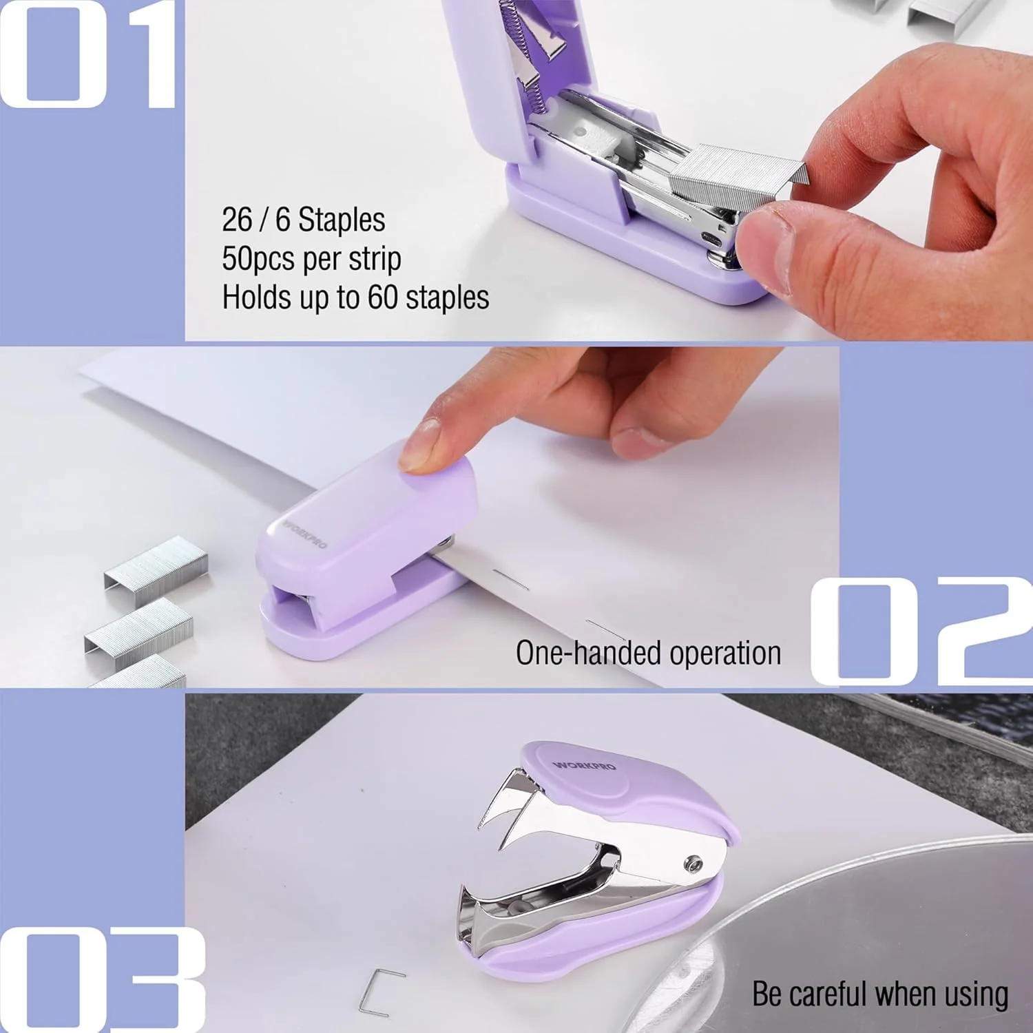 WORKPRO Small Stapler with Staples, Purple Stapler Set Includes Two Mini Staplers, One Staple Remover, 2000 Standard Staples - Cute Staplers for Desk with Non-Slip Base, Lock Design, Colorful - Image 5