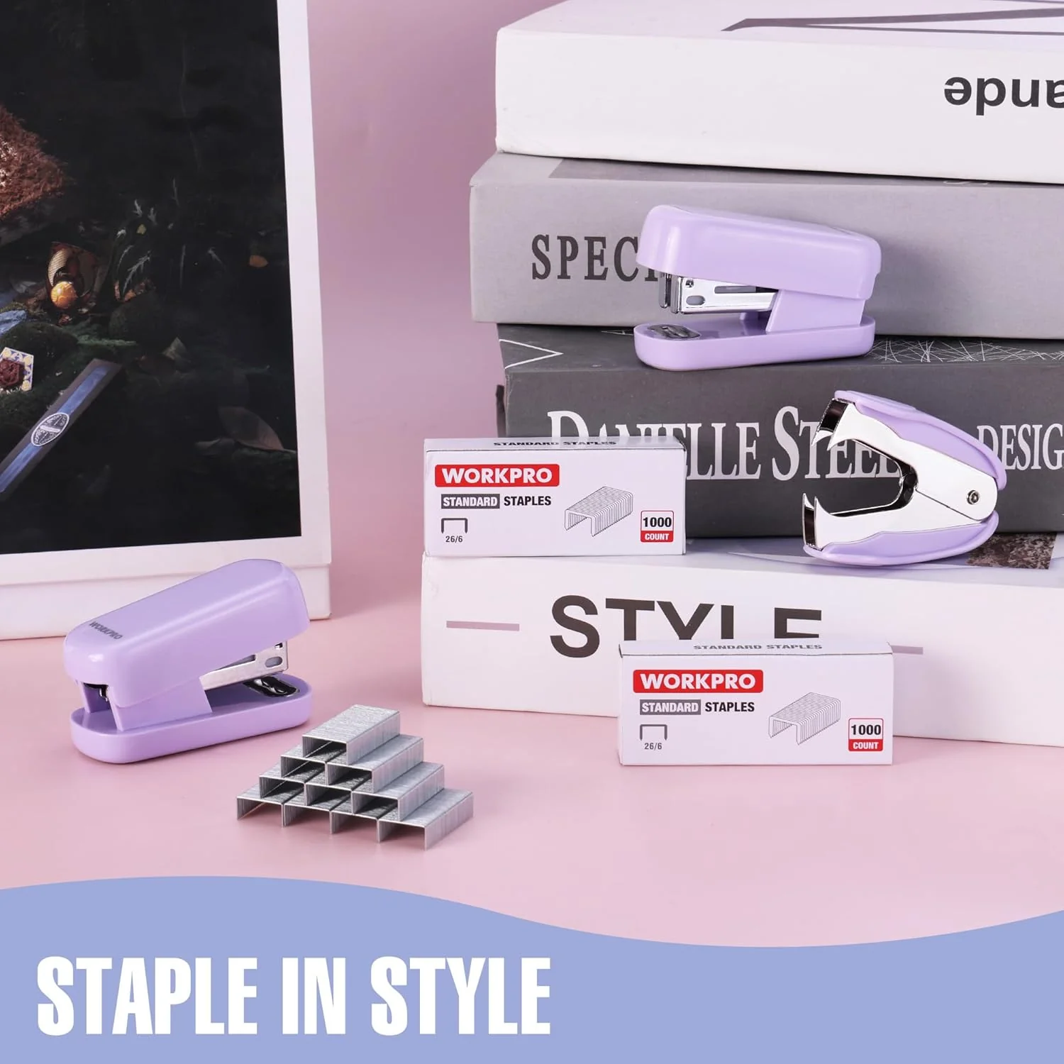 WORKPRO Small Stapler with Staples, Purple Stapler Set Includes Two Mini Staplers, One Staple Remover, 2000 Standard Staples - Cute Staplers for Desk with Non-Slip Base, Lock Design, Colorful - Image 8