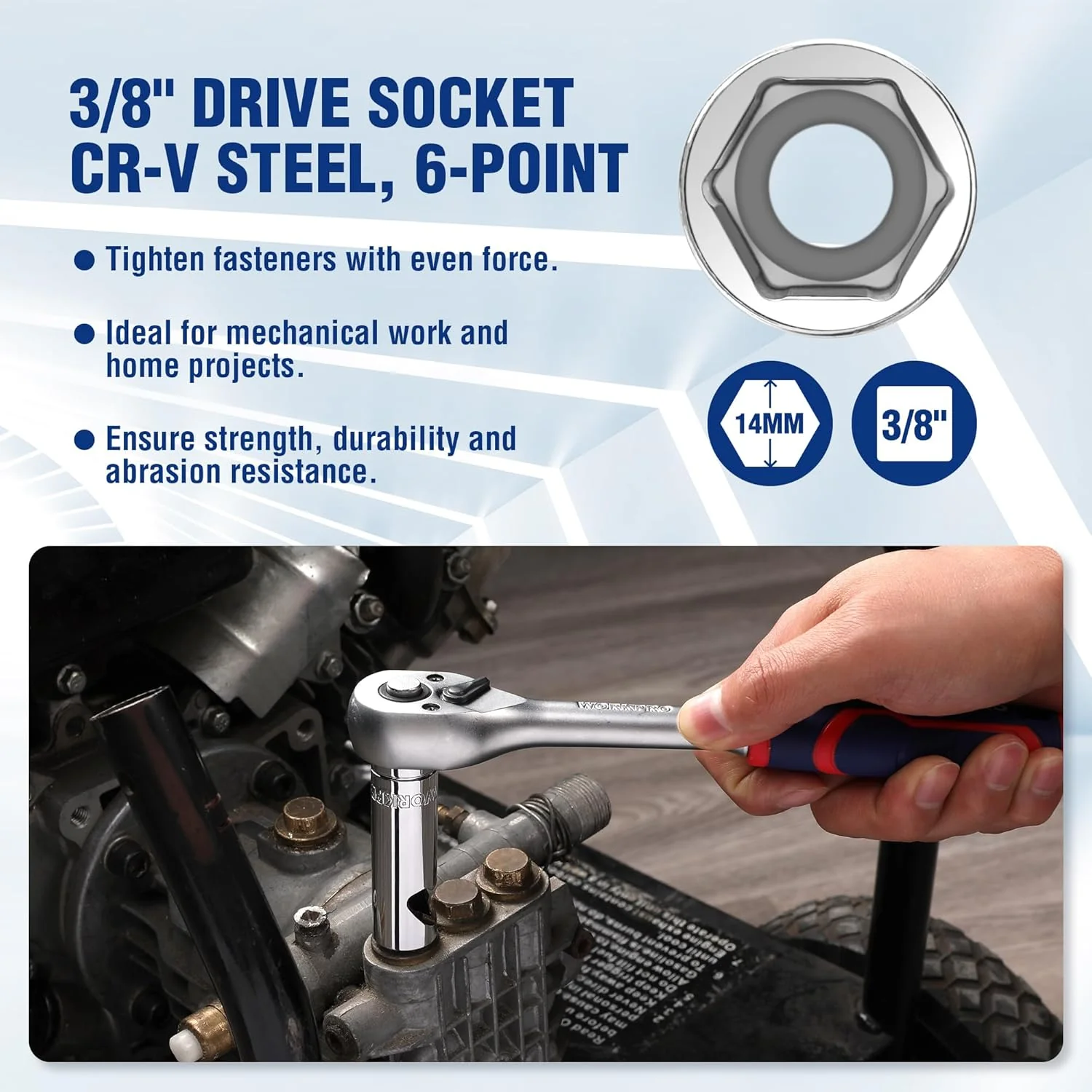 WORKPRO Socket Bottle Opener, 3/8 Inch Drive x 14 mm Socket, Deep Square Drive Socket, CR-V, 6-Point, Portable Detachable Key Ring - for Automotive Repair, House Projects, Machinery Work, Gift for Men - Image 7