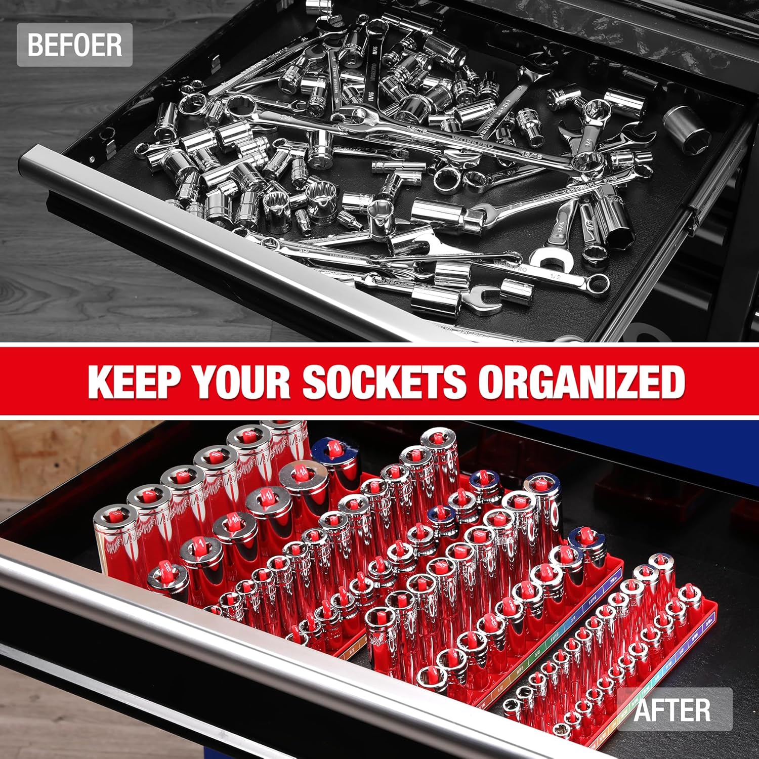 WORKPRO Socket Organizer Set, 4PC Impact Socket Holder, 1/4", 3/8", 1/2" Drive SAE Socket Trays, Impact Socket Organizer for Tool Box Drawer, Socket Storage Holds 82 Pieces (Socket not Included) - Image 2