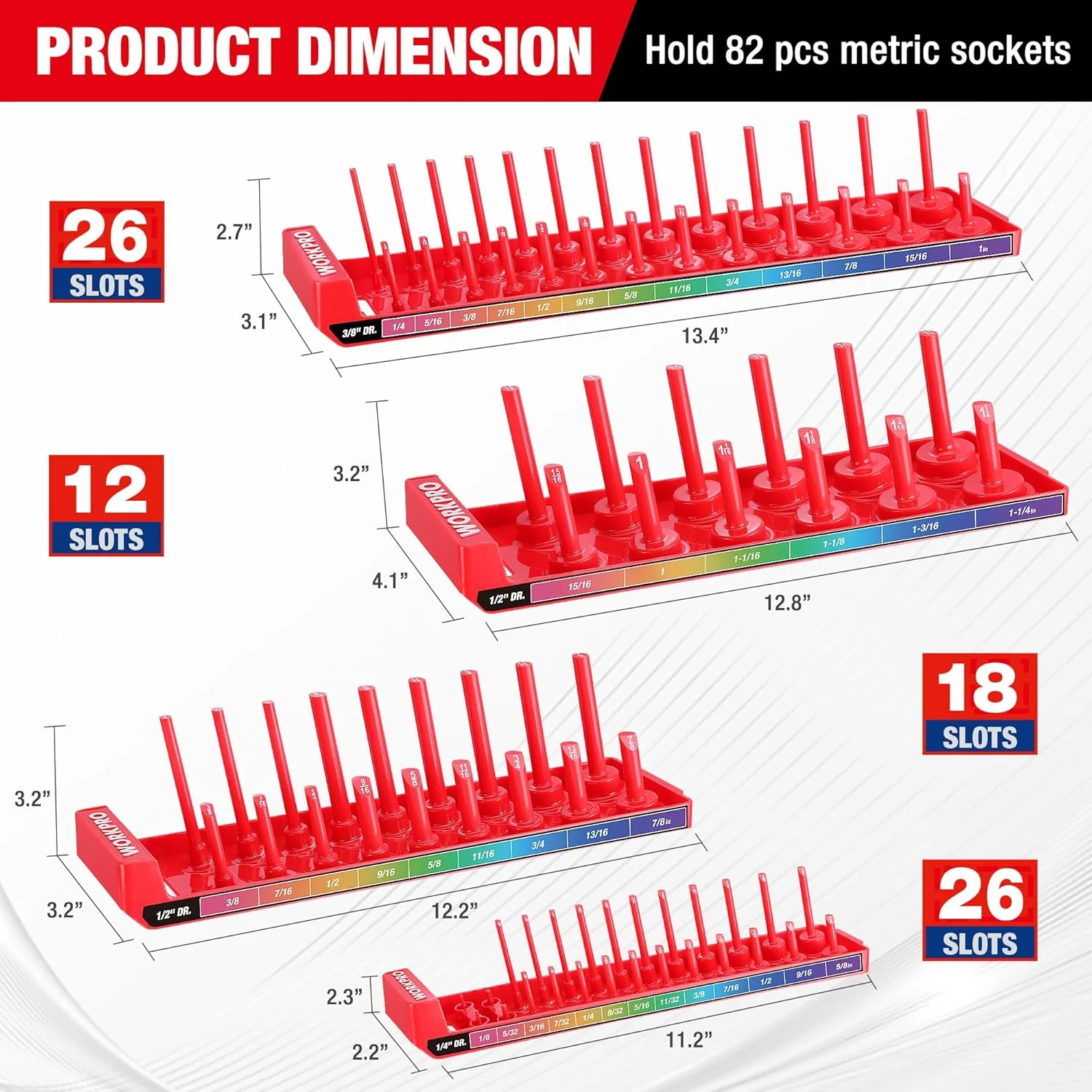 WORKPRO Socket Organizer Set, 4PC Impact Socket Holder, 1/4", 3/8", 1/2" Drive SAE Socket Trays, Impact Socket Organizer for Tool Box Drawer, Socket Storage Holds 82 Pieces (Socket not Included) - Image 3