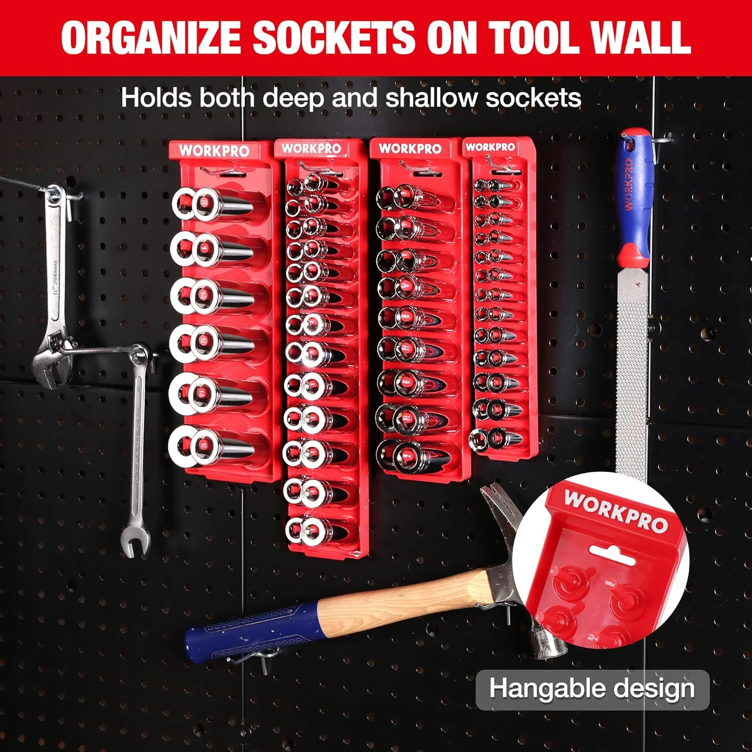 WORKPRO Socket Organizer Set, 4PC Impact Socket Holder, 1/4", 3/8", 1/2" Drive SAE Socket Trays, Impact Socket Organizer for Tool Box Drawer, Socket Storage Holds 82 Pieces (Socket not Included) - Image 6