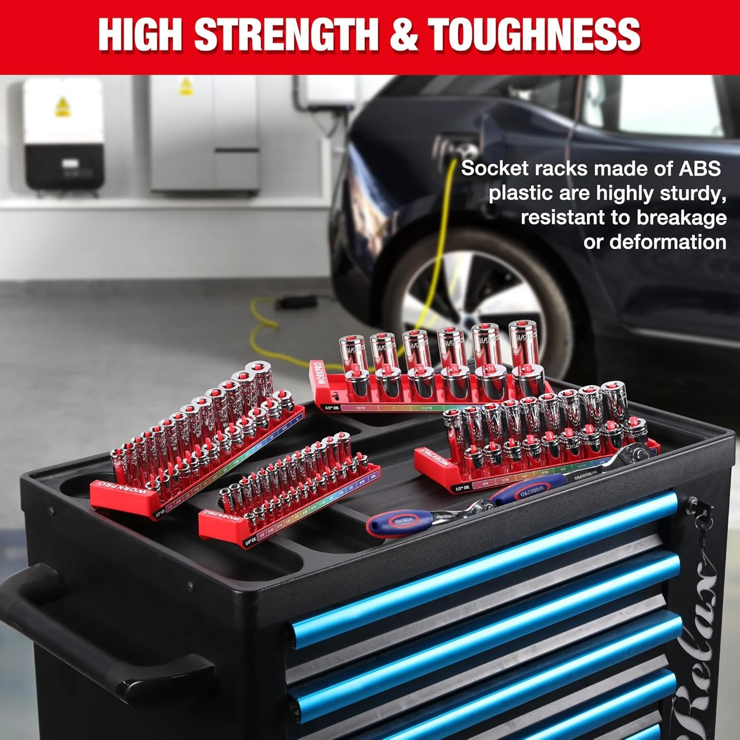 WORKPRO Socket Organizer Set, 4PC Impact Socket Holder, 1/4", 3/8", 1/2" Drive SAE Socket Trays, Impact Socket Organizer for Tool Box Drawer, Socket Storage Holds 82 Pieces (Socket not Included) - Image 8