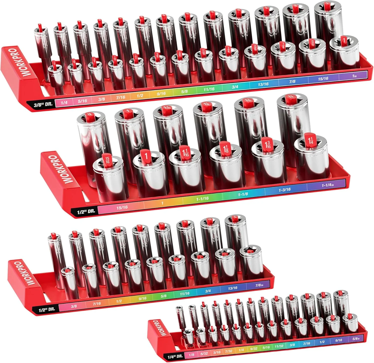 WORKPRO Socket Organizer Set, 4PC Impact Socket Holder, 1/4", 3/8", 1/2" Drive SAE Socket Trays, Impact Socket Organizer for Tool Box Drawer, Socket Storage Holds 82 Pieces (Socket not Included) - Image 9