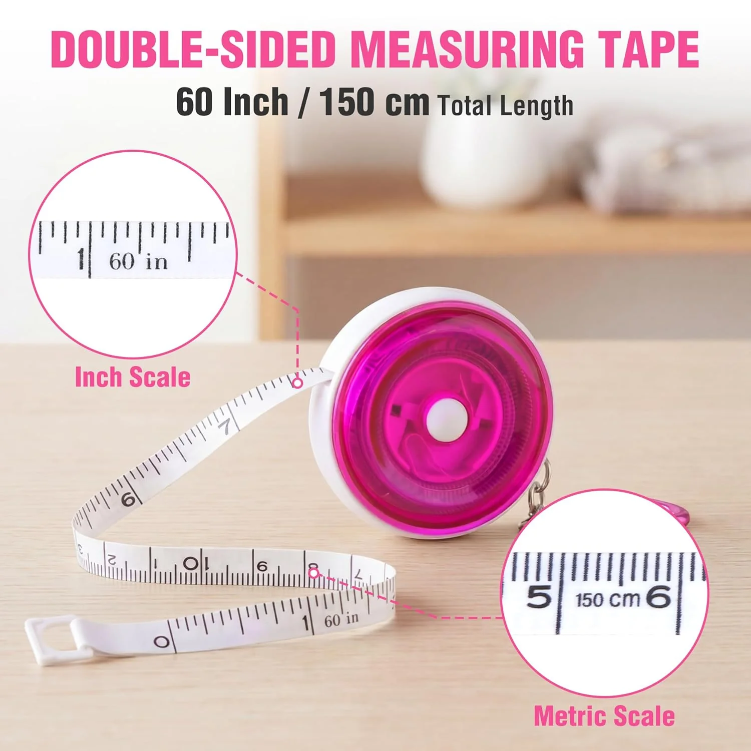 WORKPRO Soft Tape Measure, 60-Inch (150cm) Retractable Measuring Tape for Body Measurements, Sewing, Tailoring, Fabric, Cloth, Knitting and Crafts, Dual-Sided Scales with Carabiner Clip, Pink - Image 2
