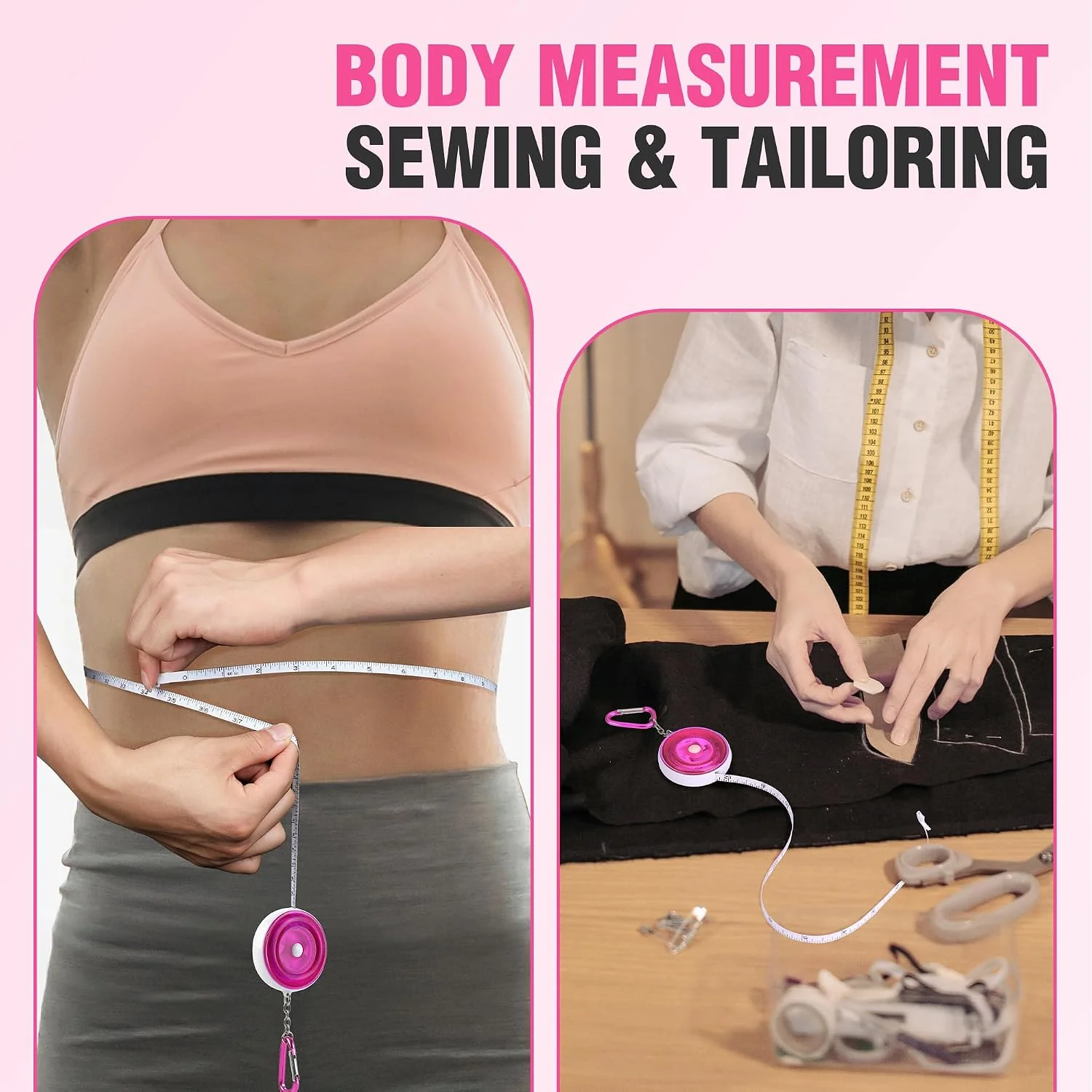WORKPRO Soft Tape Measure, 60-Inch (150cm) Retractable Measuring Tape for Body Measurements, Sewing, Tailoring, Fabric, Cloth, Knitting and Crafts, Dual-Sided Scales with Carabiner Clip, Pink - Image 7