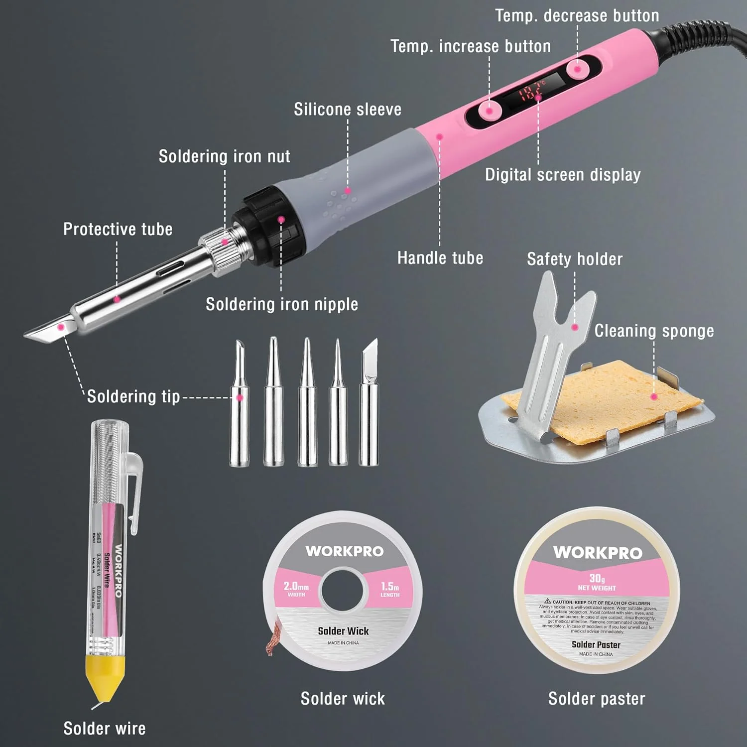WORKPRO Soldering Iron Kit, 90W Soldering Gun with Digital Display, Iron Tips, 11-in-1 Adjustable Temperature Welding Kit for Electronic Repair, DIY Enthusiasts(110V US Plug,Pink) - Image 4