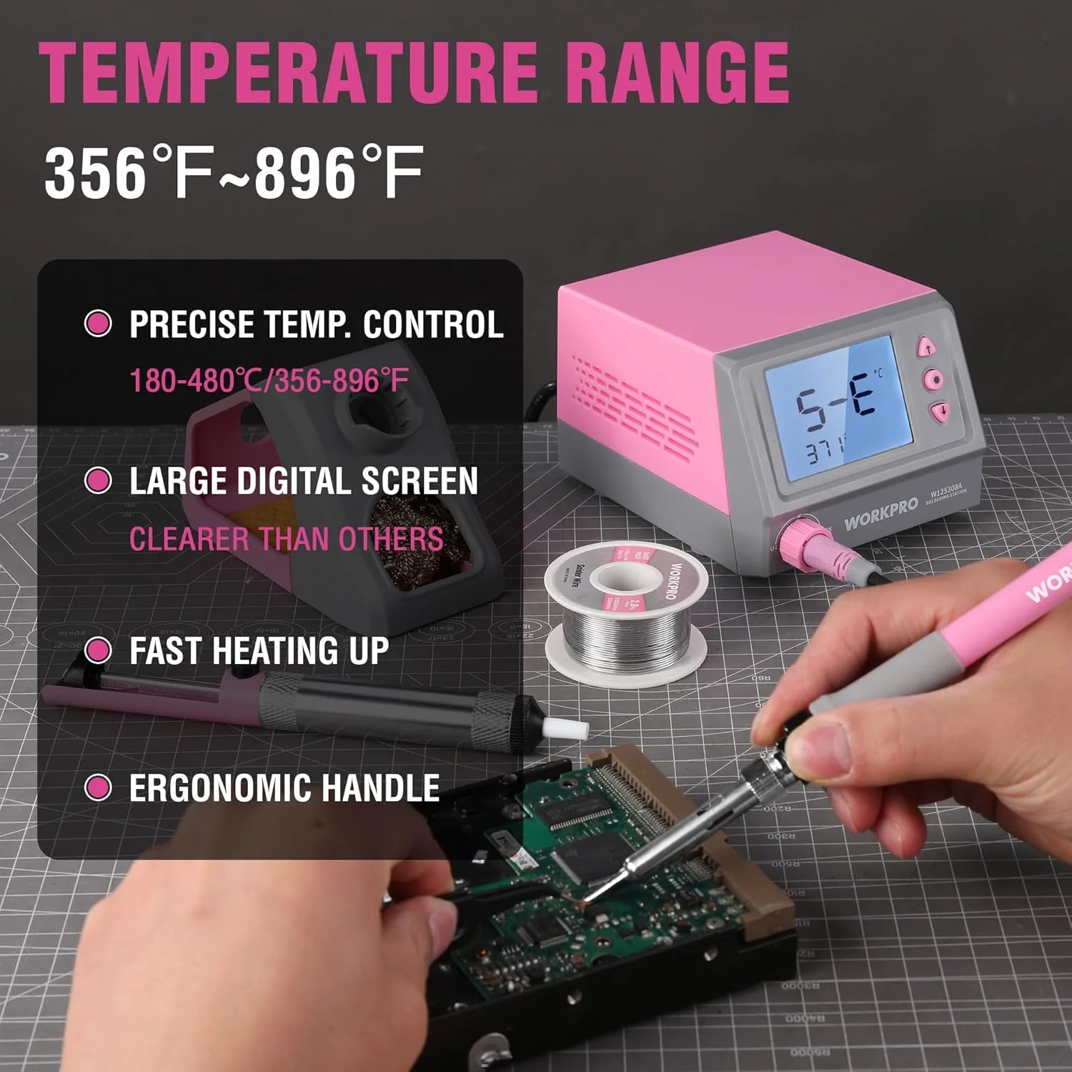 WORKPRO Soldering Station, 60W Soldering Iron Kit Digital Display, 5 Extra Iron Tips, Precision Temperature Control Solder Station for Electronic Repair, DIY Enthusiasts - Pink Ribbon - Image 2