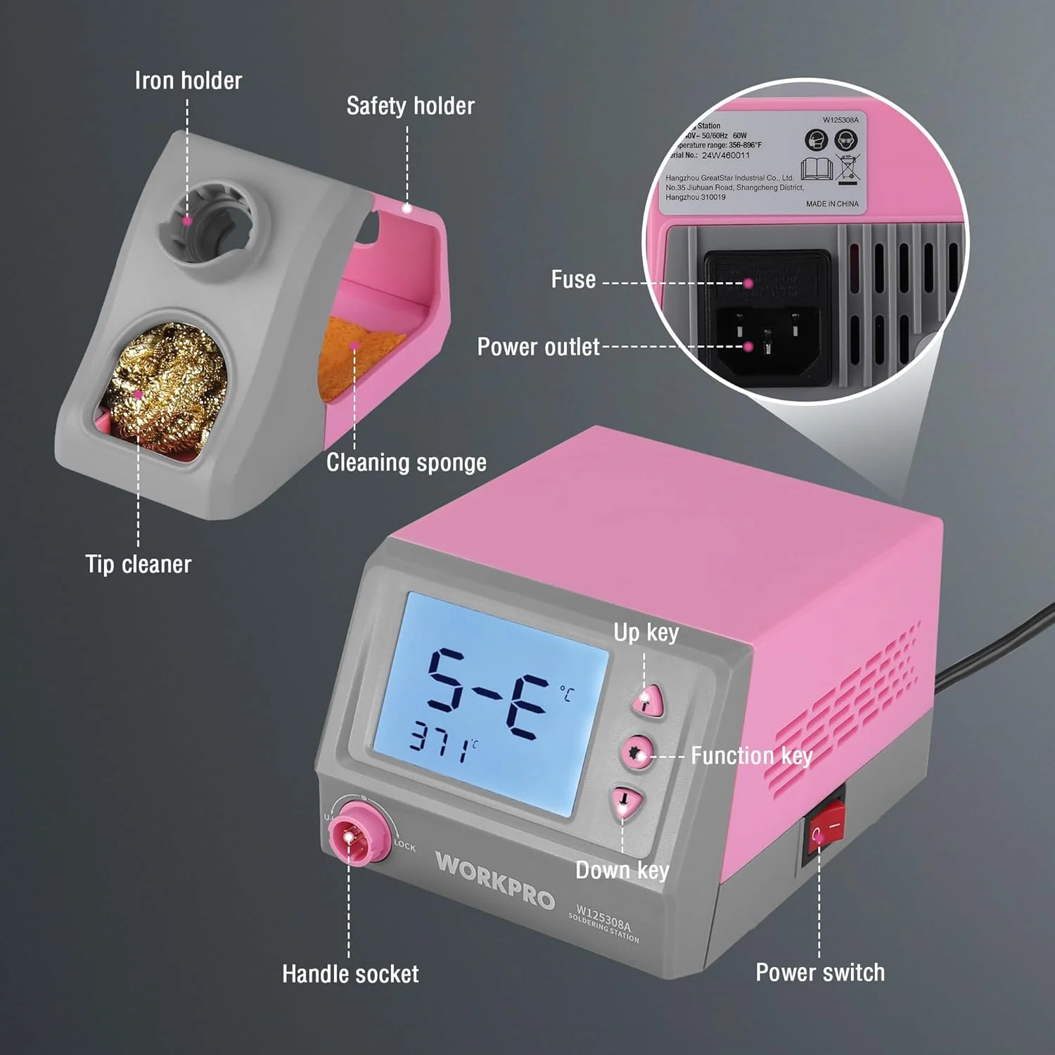 WORKPRO Soldering Station, 60W Soldering Iron Kit Digital Display, 5 Extra Iron Tips, Precision Temperature Control Solder Station for Electronic Repair, DIY Enthusiasts - Pink Ribbon - Image 3