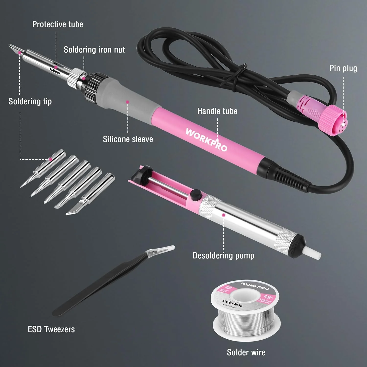 WORKPRO Soldering Station, 60W Soldering Iron Kit Digital Display, 5 Extra Iron Tips, Precision Temperature Control Solder Station for Electronic Repair, DIY Enthusiasts - Pink Ribbon - Image 4