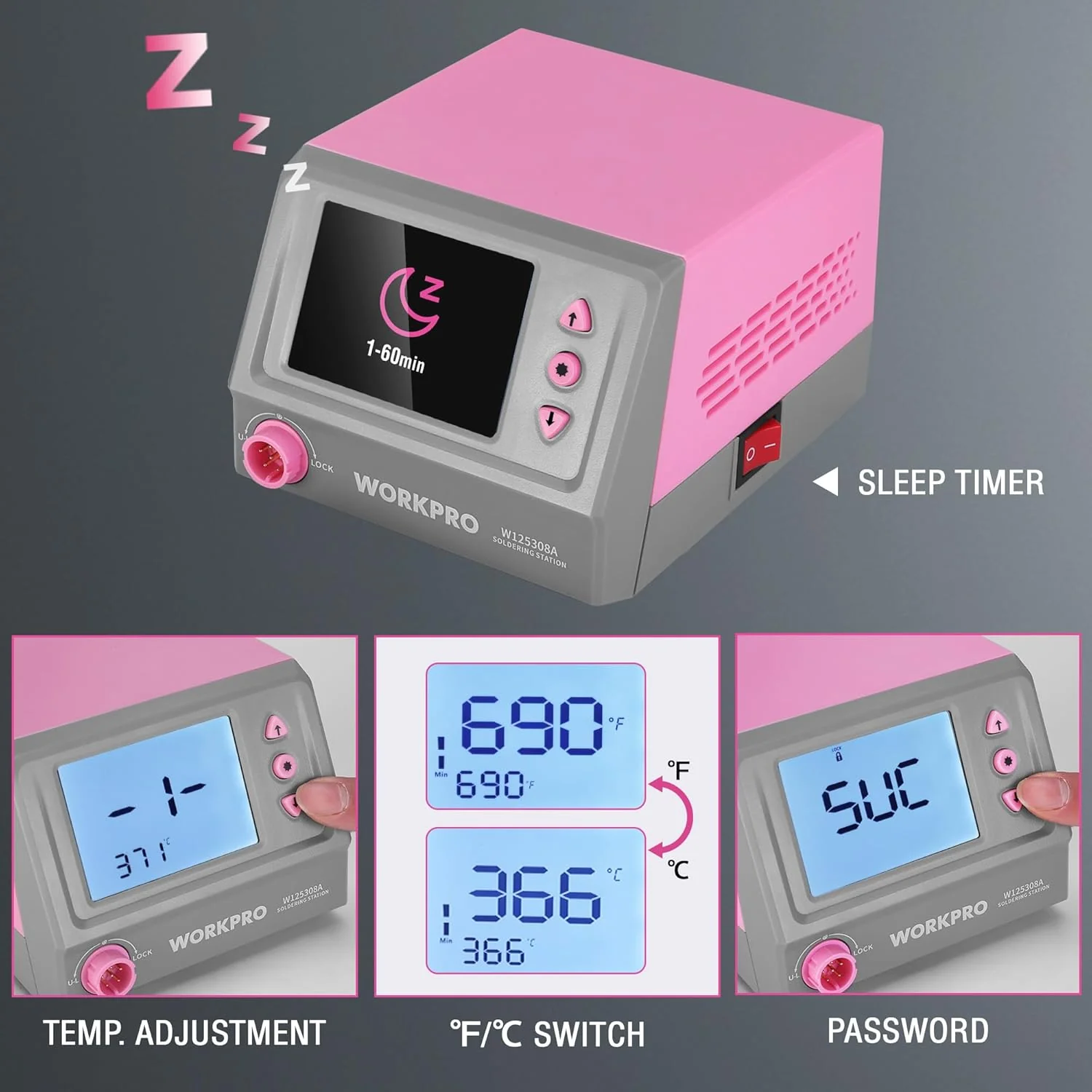 WORKPRO Soldering Station, 60W Soldering Iron Kit Digital Display, 5 Extra Iron Tips, Precision Temperature Control Solder Station for Electronic Repair, DIY Enthusiasts - Pink Ribbon - Image 5