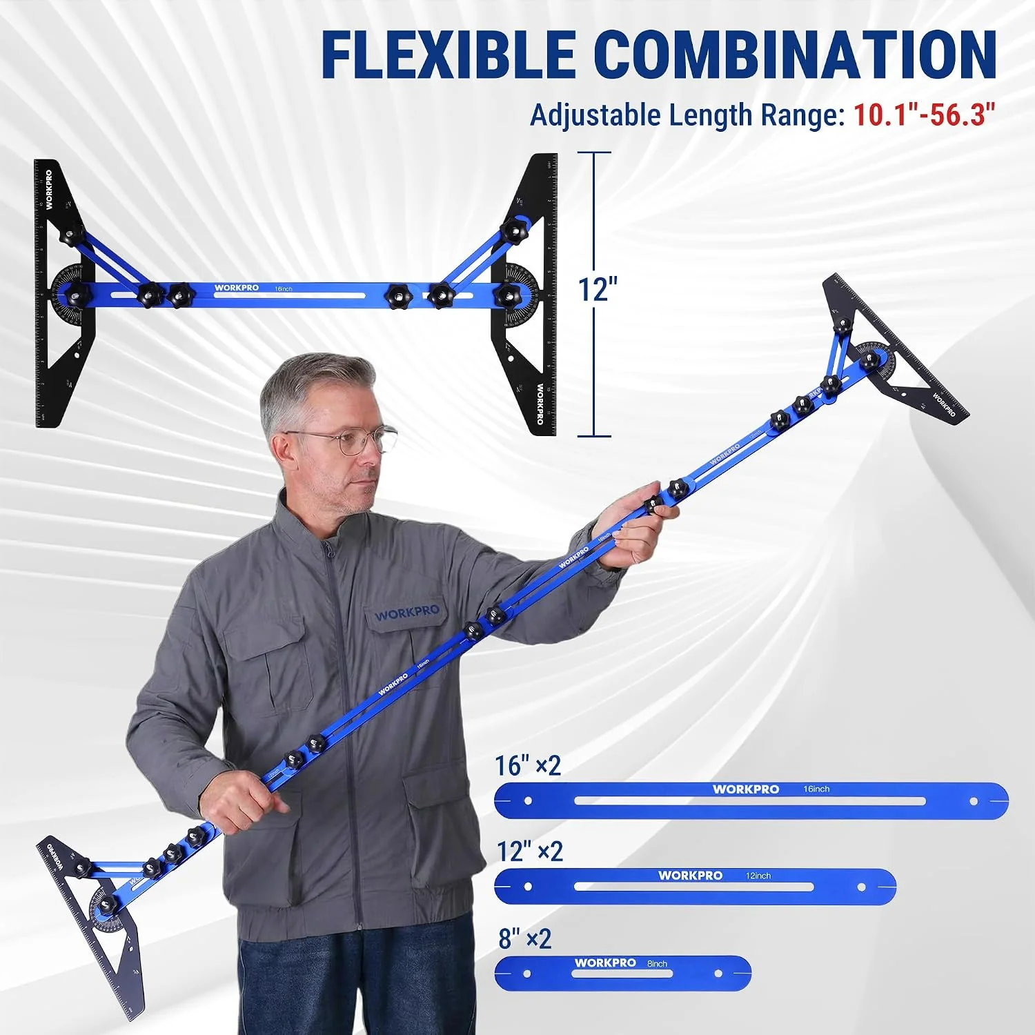 WORKPRO Stair Tread Template Tool, Aluminum Alloy Stair Tread Jig with Triangular Structure Brace, 10.1" to 56.3" Adjustable Length Stair Measuring Tool, Stair Tread Gauge for Stairs, Floor, Cabinets - Image 2