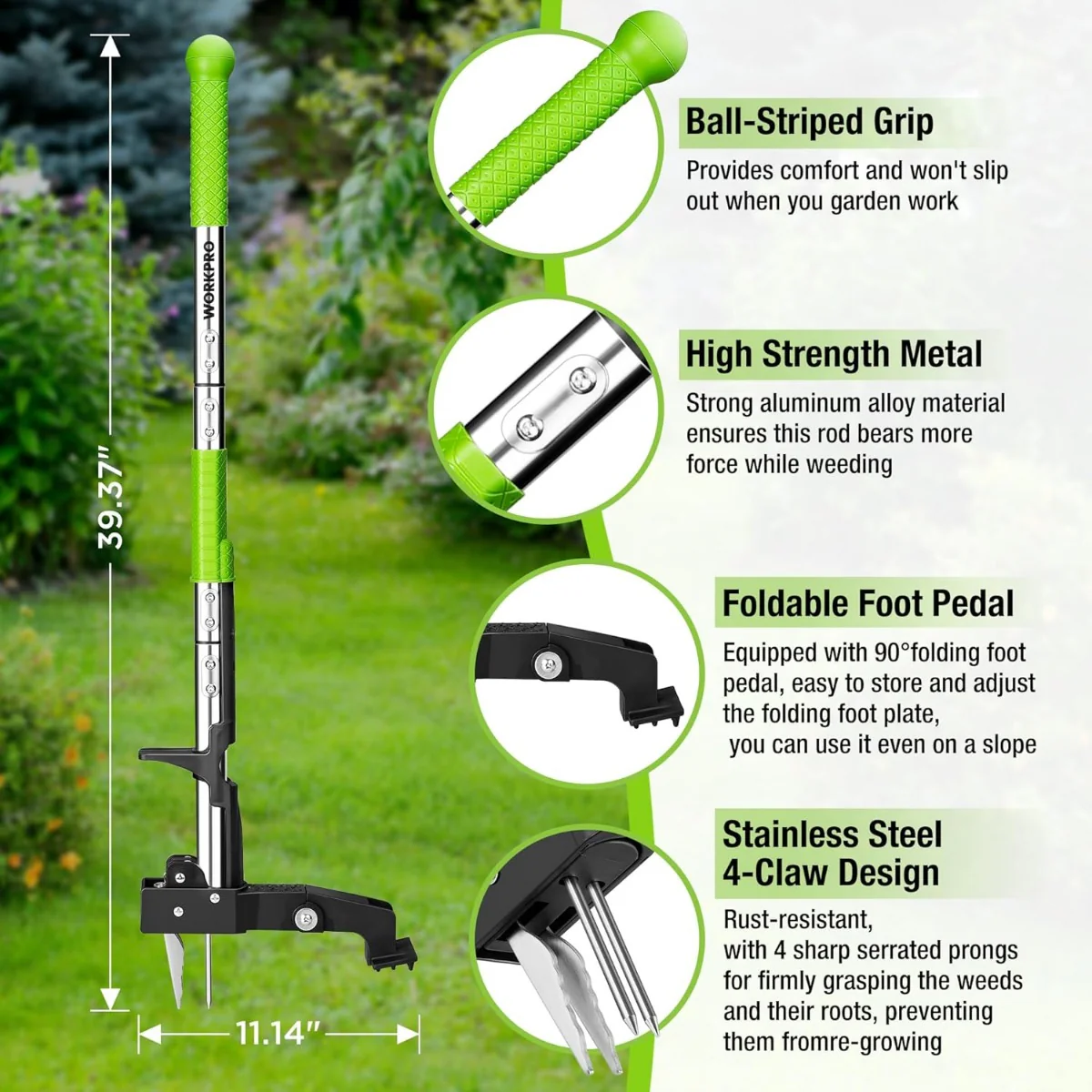 WORKPRO Heavy Duty Root Remover Tool, Stand Up Garden Weed Puller Tool with Ergonomic 39" Long Handle, 4 Claws Steel Head & Foldable Foot Pedal - Image 2