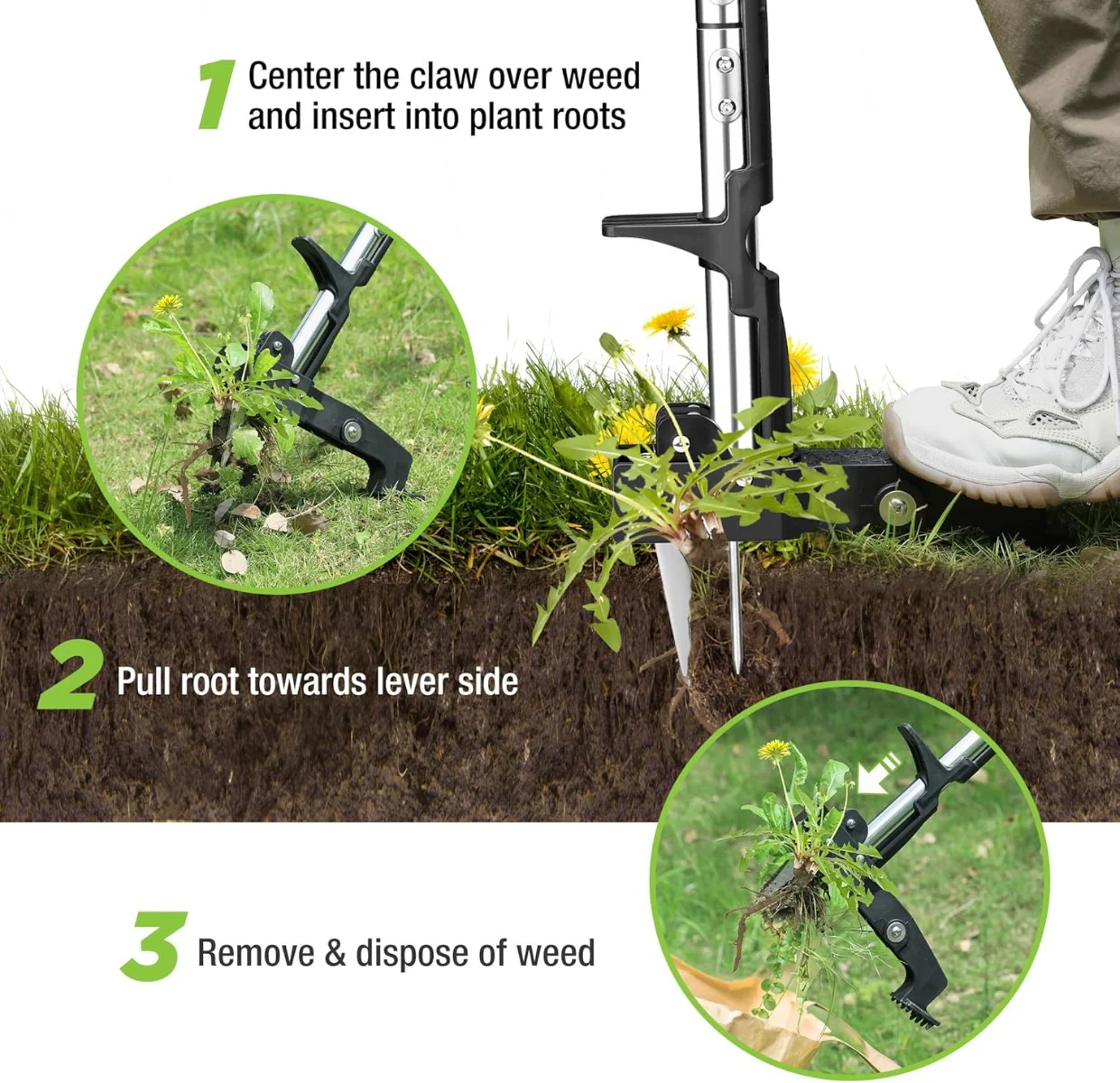 WORKPRO Heavy Duty Root Remover Tool, Stand Up Garden Weed Puller Tool with Ergonomic 39" Long Handle, 4 Claws Steel Head & Foldable Foot Pedal - Image 5