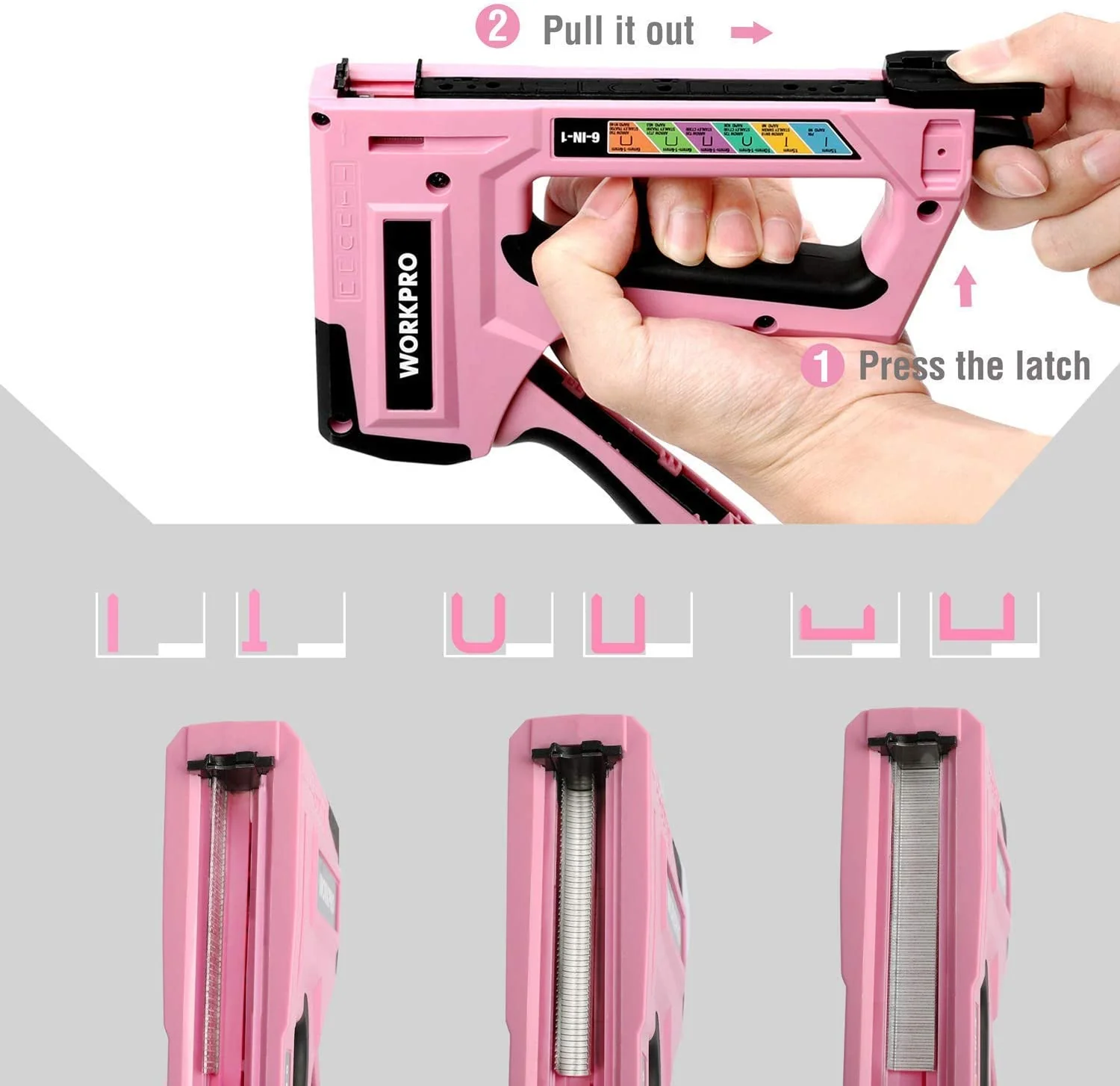 WORKPRO 6-in-1 Manual Brad Nailer Upholstery Stapler Nail Gun - Pink Ribbon - Image 5