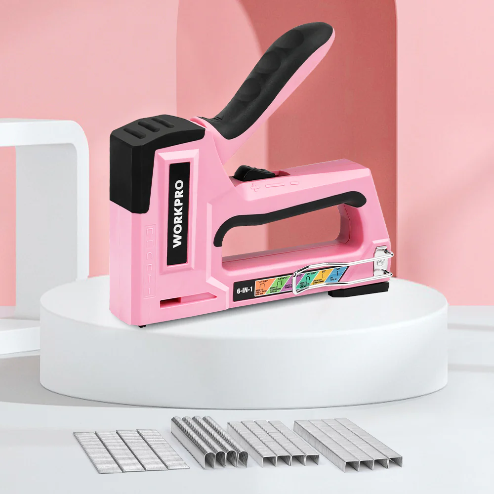 WORKPRO 6-in-1 Manual Brad Nailer Upholstery Stapler Nail Gun - Pink Ribbon - Image 7