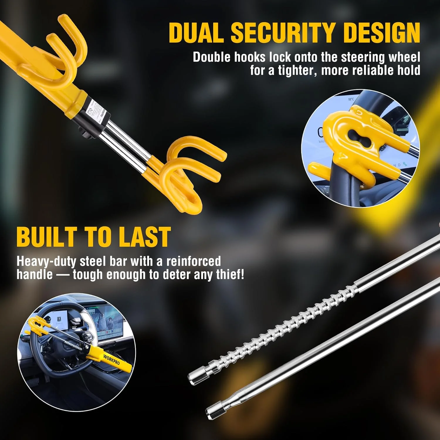 WORKPRO Steering Wheel Lock, Heavy Duty Anti-Theft Car Device with Double Hooks, Adjustable Universal Fit for Cars, Trucks and SUVs, Visible Security Lock with 3 Keys - Image 4