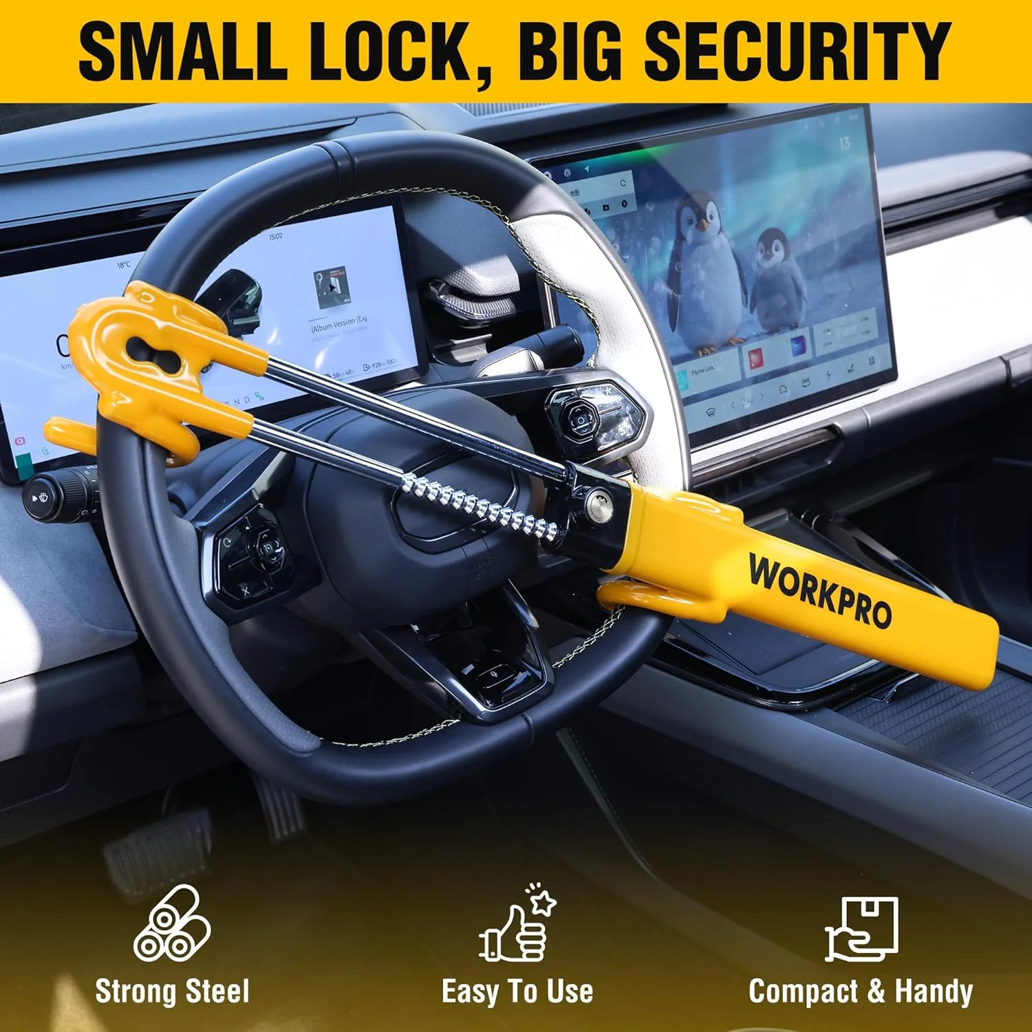 WORKPRO Steering Wheel Lock, Heavy Duty Anti-Theft Car Device with Double Hooks, Adjustable Universal Fit for Cars, Trucks and SUVs, Visible Security Lock with 3 Keys - Image 6