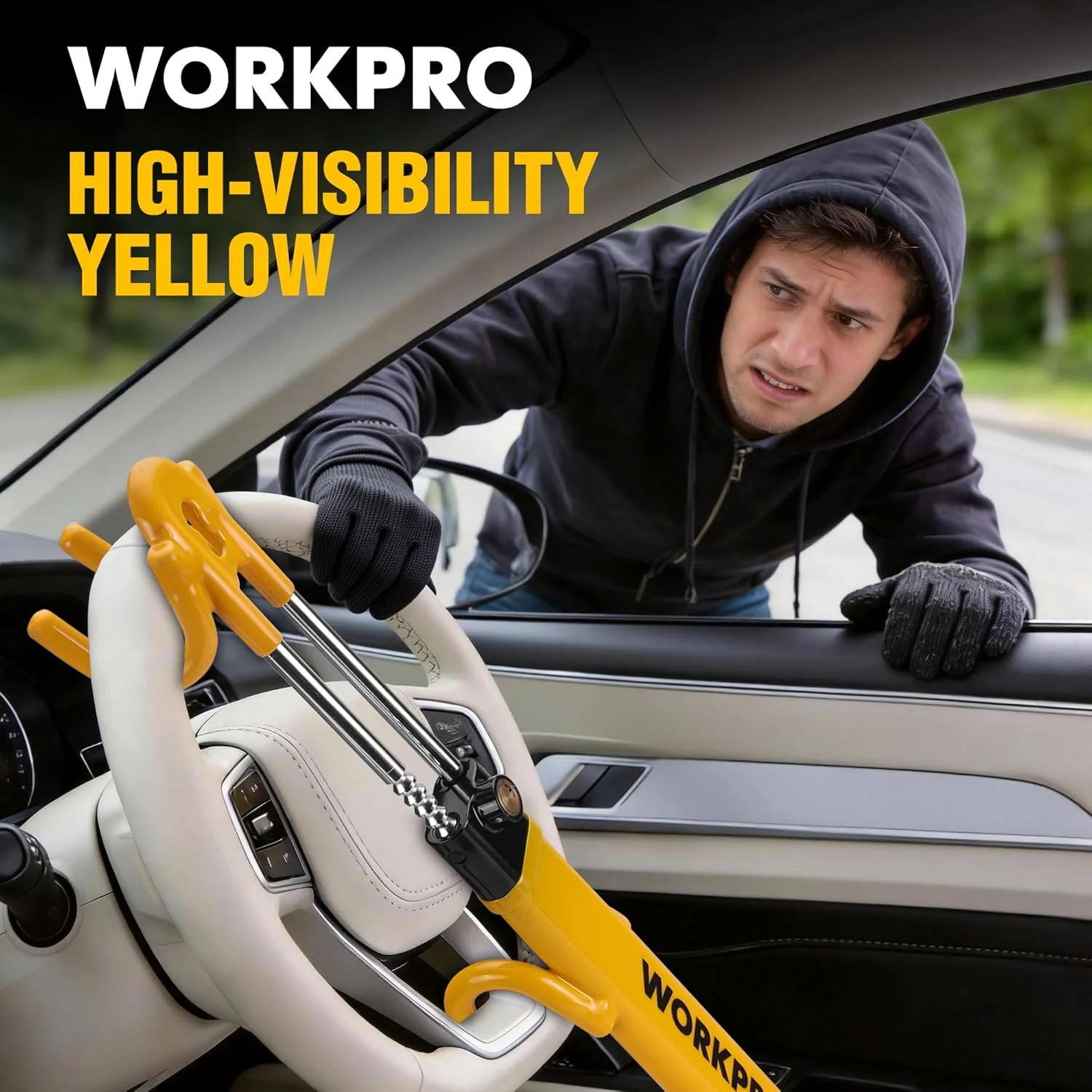 WORKPRO Steering Wheel Lock, Heavy Duty Anti-Theft Car Device with Double Hooks, Adjustable Universal Fit for Cars, Trucks and SUVs, Visible Security Lock with 3 Keys - Image 7