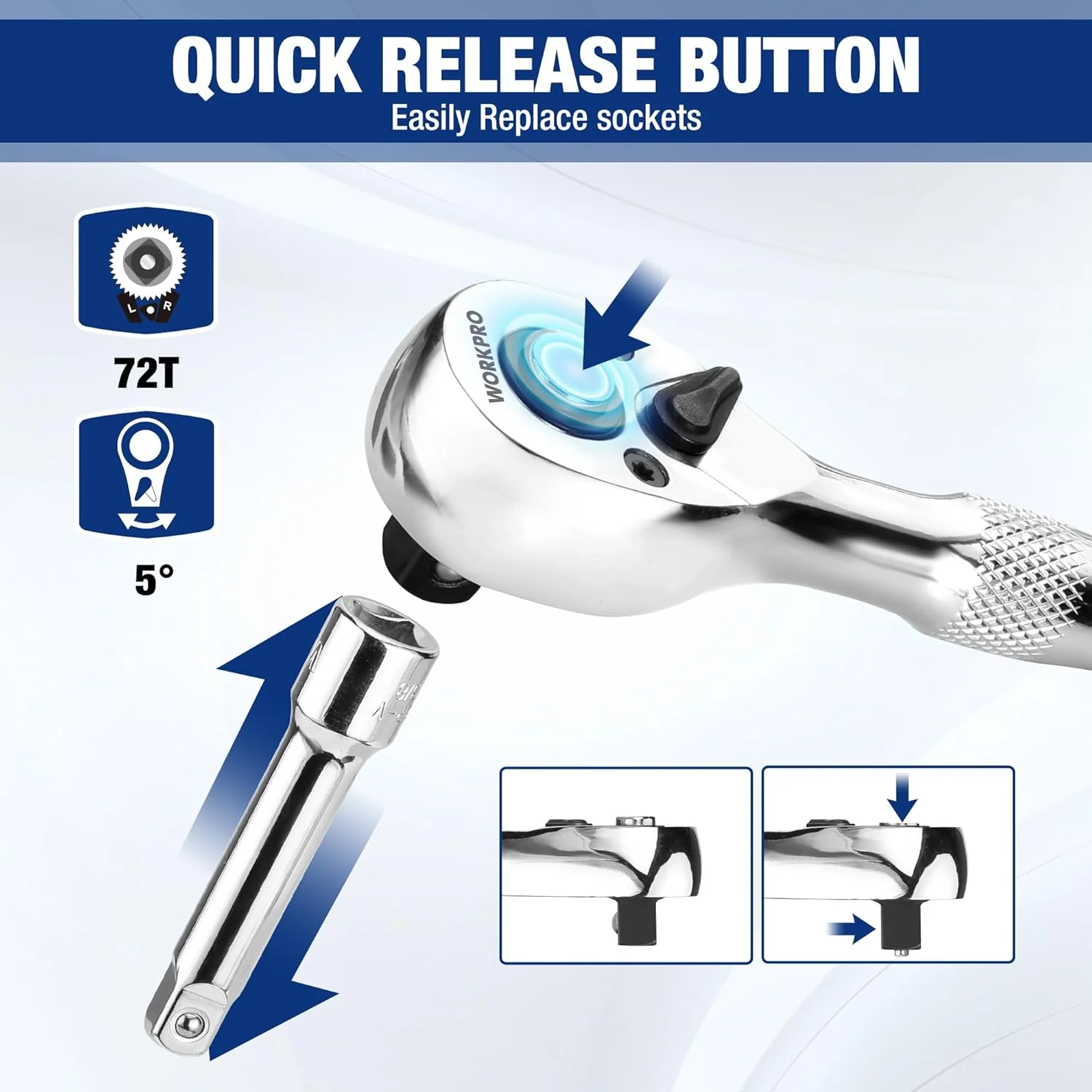 WORKPRO Stubby Ratchet & Bit Driver Set 16 PCS, 1/4", 3/8" Drive Ratchet Handle Wrench, 72-T Quick-Release Reversible Socket Wrench, 2 Socket Adapters, 2 Extension Bars, 10 PCS 1/4" Hex Bits - Image 2