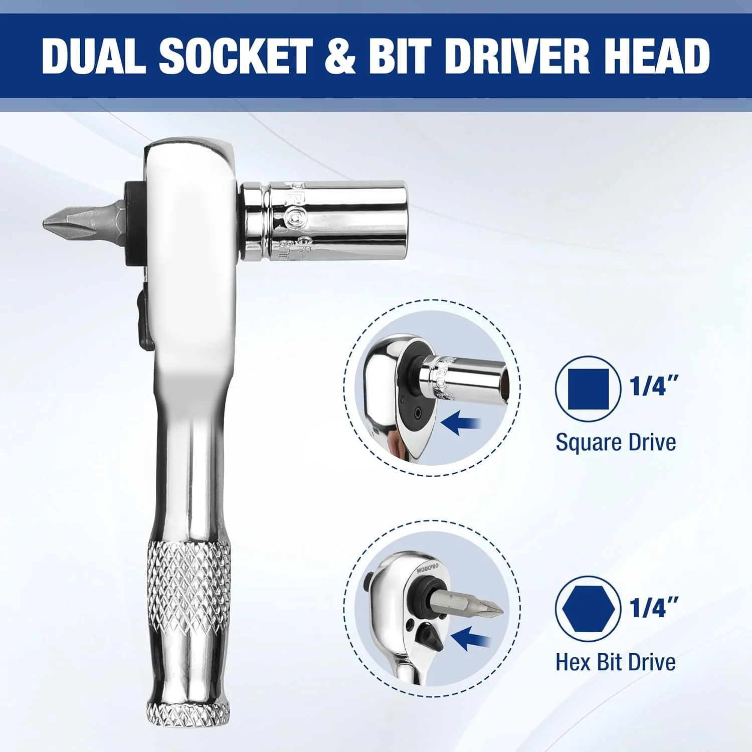 WORKPRO Stubby Ratchet & Bit Driver Set 16 PCS, 1/4", 3/8" Drive Ratchet Handle Wrench, 72-T Quick-Release Reversible Socket Wrench, 2 Socket Adapters, 2 Extension Bars, 10 PCS 1/4" Hex Bits - Image 3