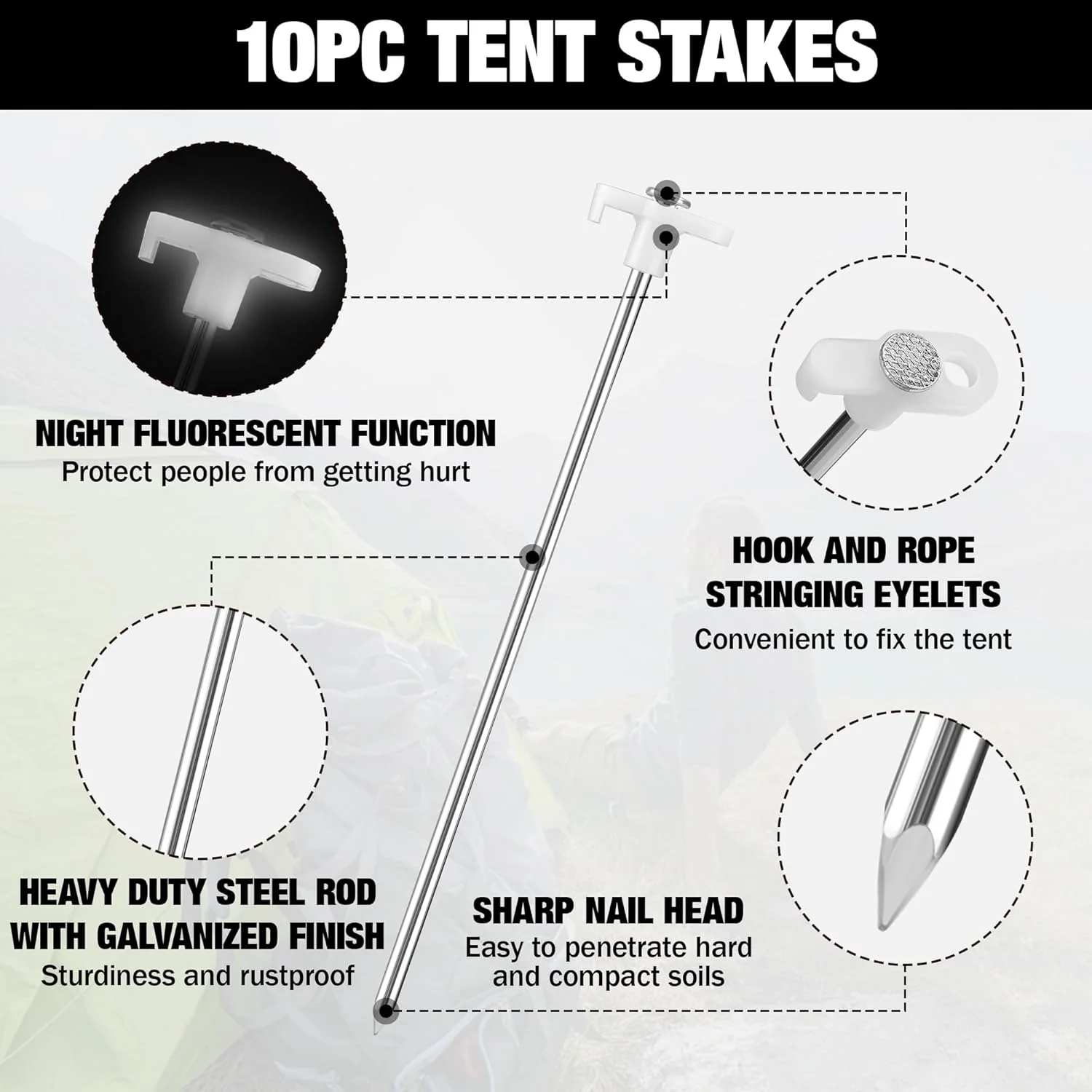 WORKPRO Tent Stakes and Hammer Set, 16oz Rubber Mallet Hammer, Wooden Handle, 10PC Heavy Duty Metal Tent Stakes and Storage Bag, DIY Woodworking, Camping Accessories for Ground, Camp and Garden - Image 4