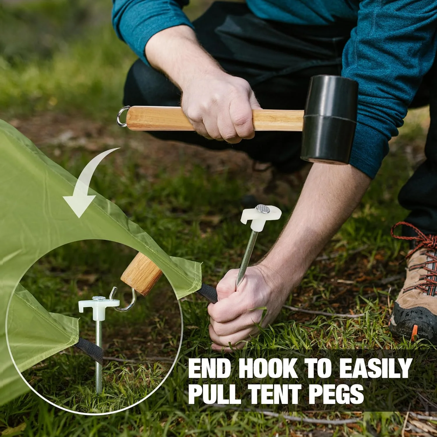 WORKPRO Tent Stakes and Hammer Set, 16oz Rubber Mallet Hammer, Wooden Handle, 10PC Heavy Duty Metal Tent Stakes and Storage Bag, DIY Woodworking, Camping Accessories for Ground, Camp and Garden - Image 6