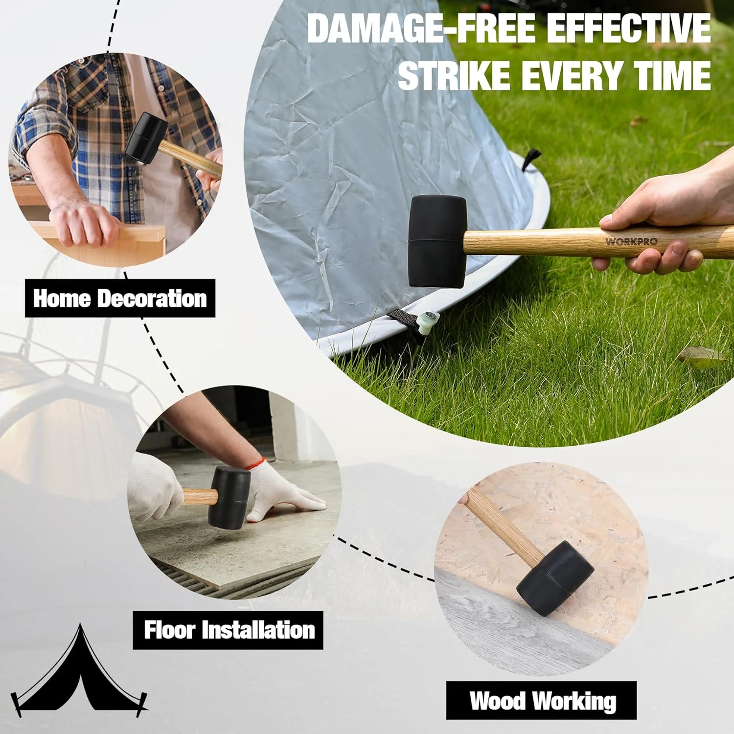 WORKPRO Tent Stakes and Hammer Set, 16oz Rubber Mallet Hammer, Wooden Handle, 10PC Heavy Duty Metal Tent Stakes and Storage Bag, DIY Woodworking, Camping Accessories for Ground, Camp and Garden - Image 7