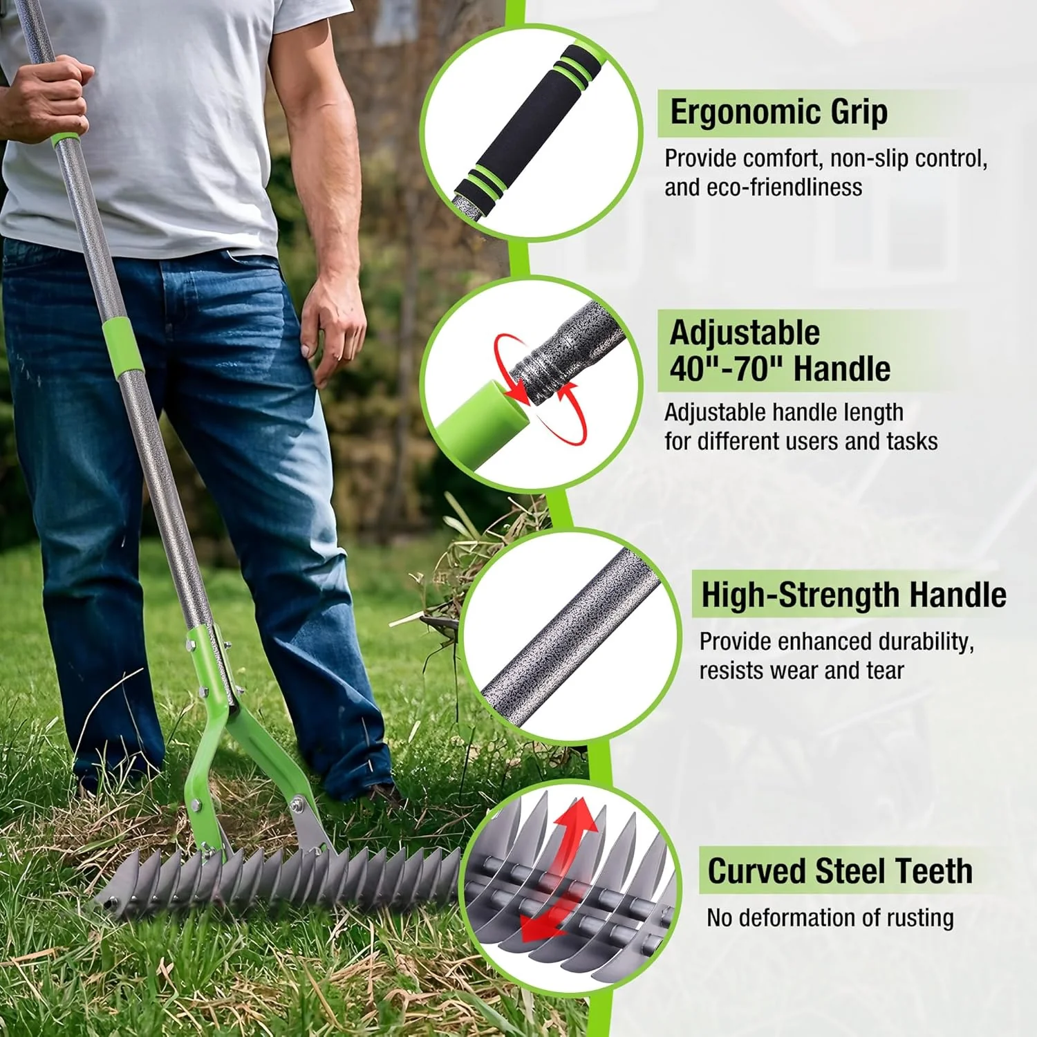 WORKPRO Thatch Rake, 15-Inch Thatching Rake for Lawns with 5FT Handle | Heavy Duty Dethatcher Rakes with Adjustable Head for Removing Dead Grass and Clippings, Loosening Soil - Image 2