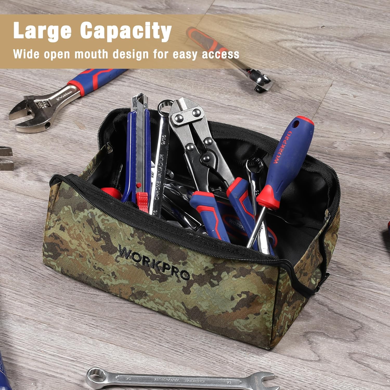 WORKPRO Tool Bag with Zipper, 10" Utility Wide Mouth Heavy Duty Tool Storage Bag, Multipurpose Zipper Tool Pouch Tote Bag for Organizer 3-pack, Camo - Image 5