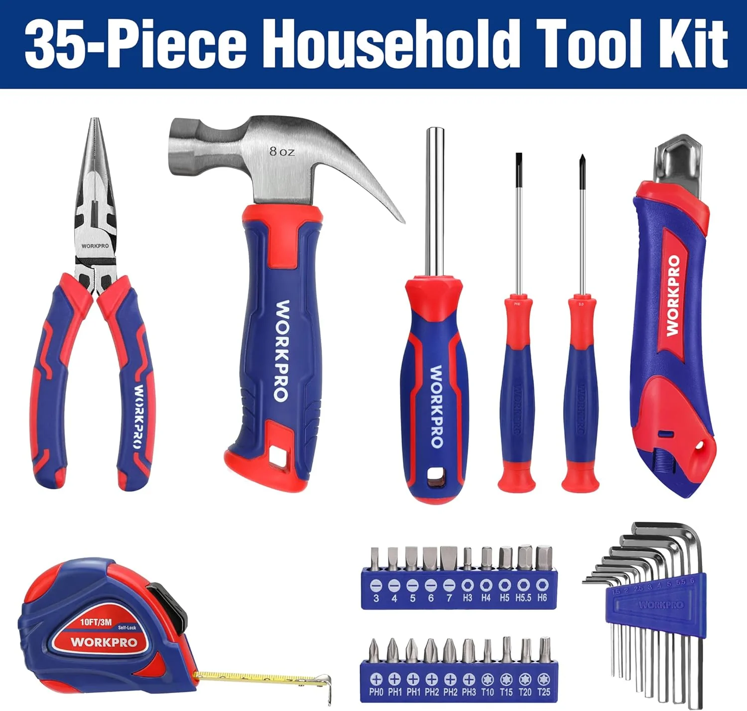 WORKPRO Tool Set, 35 Pieces Tool Set, Tool Box, Equipped, Daily Tools, with Screwdriver, Pliers, Tape Measure, Allen Key for Home Supplies, Gift for DIY Beginners - Image 3