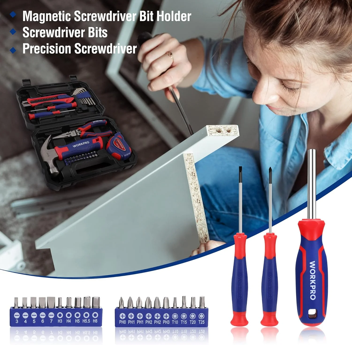 WORKPRO Tool Set, 35 Pieces Tool Set, Tool Box, Equipped, Daily Tools, with Screwdriver, Pliers, Tape Measure, Allen Key for Home Supplies, Gift for DIY Beginners - Image 4