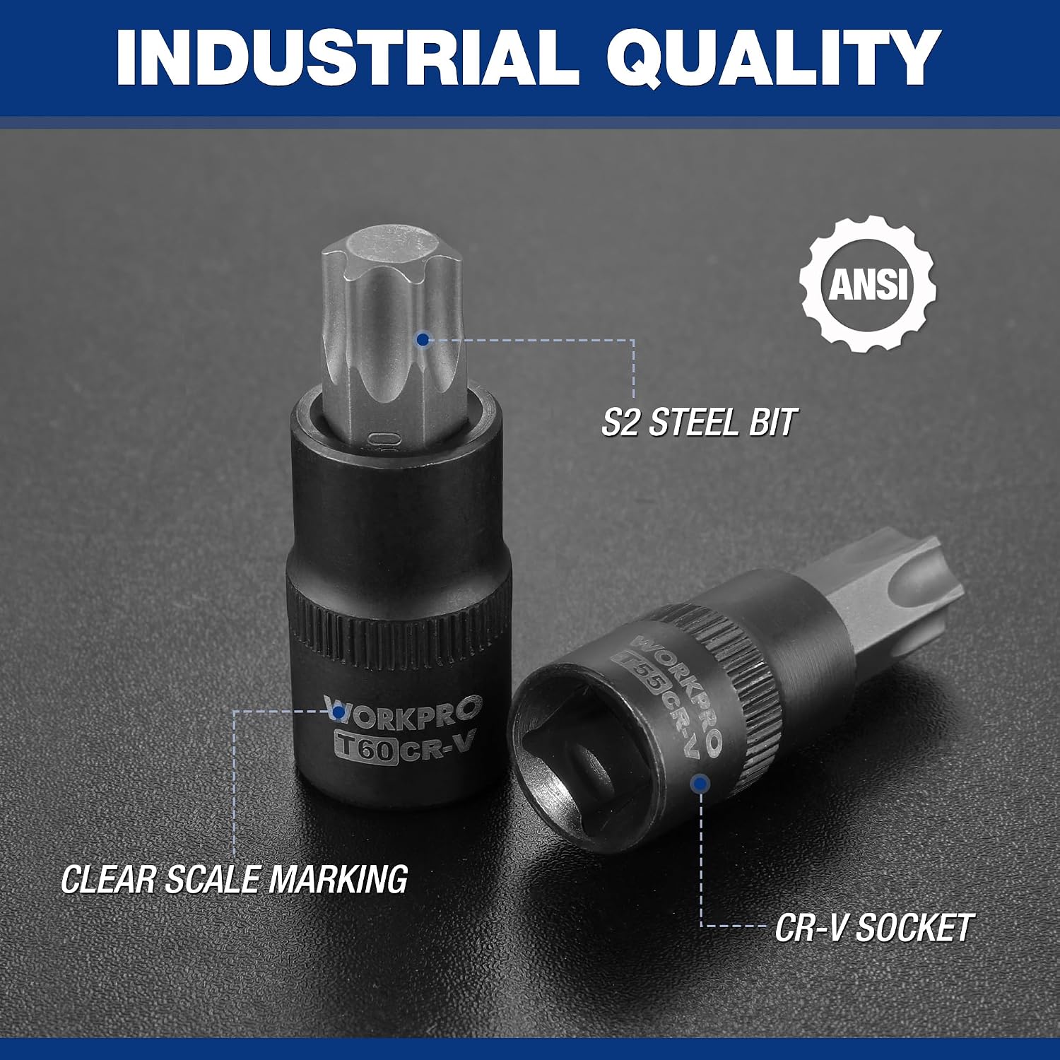 WORKPRO Torx Bit Socket Set, 1/4", 3/8" and 1/2" Drive Torx Bits 13-Piece Socket Set T8-T60, Premium S2 Steel Bits and CR-V Sockets with Storage Case - Image 3