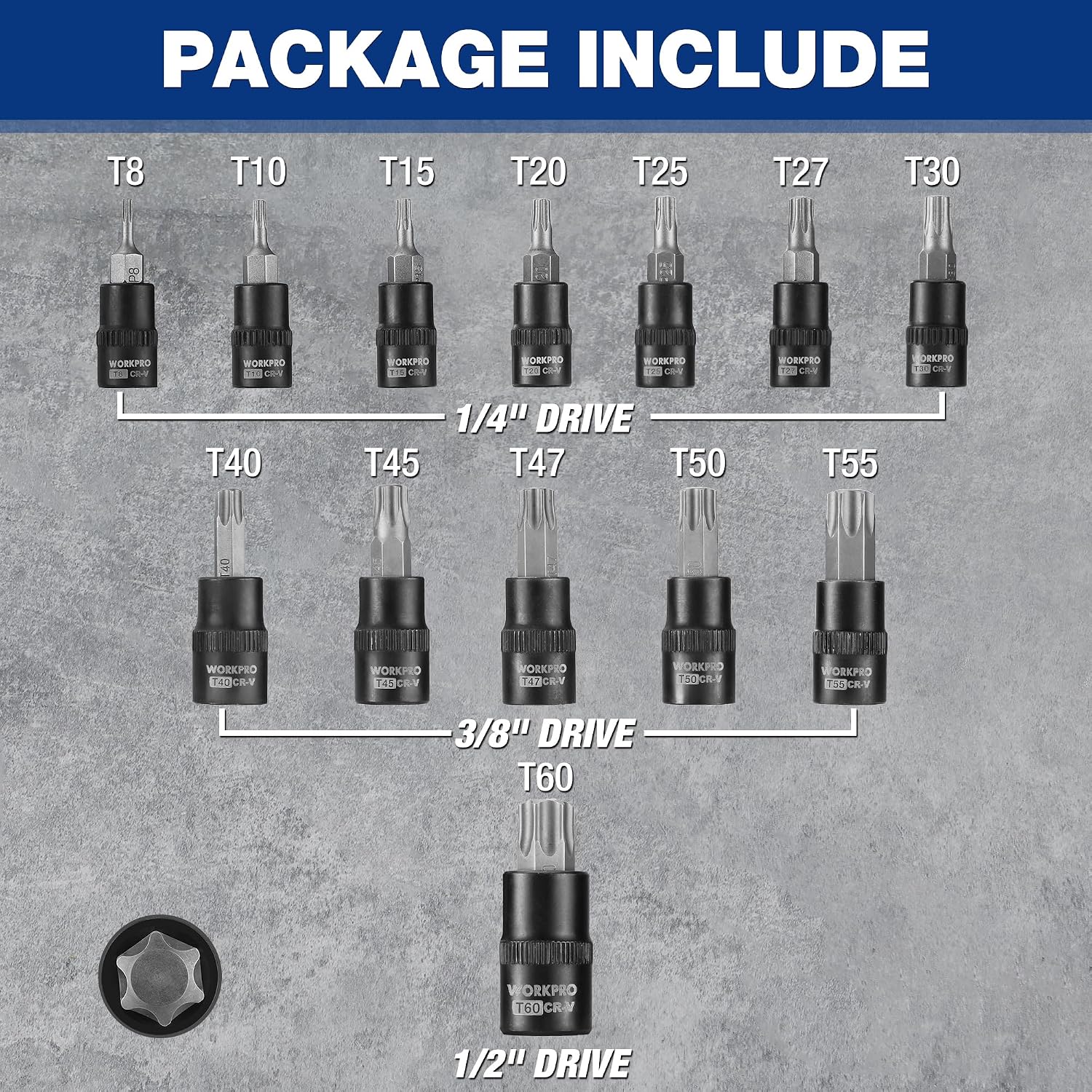 WORKPRO Torx Bit Socket Set, 1/4", 3/8" and 1/2" Drive Torx Bits 13-Piece Socket Set T8-T60, Premium S2 Steel Bits and CR-V Sockets with Storage Case - Image 4