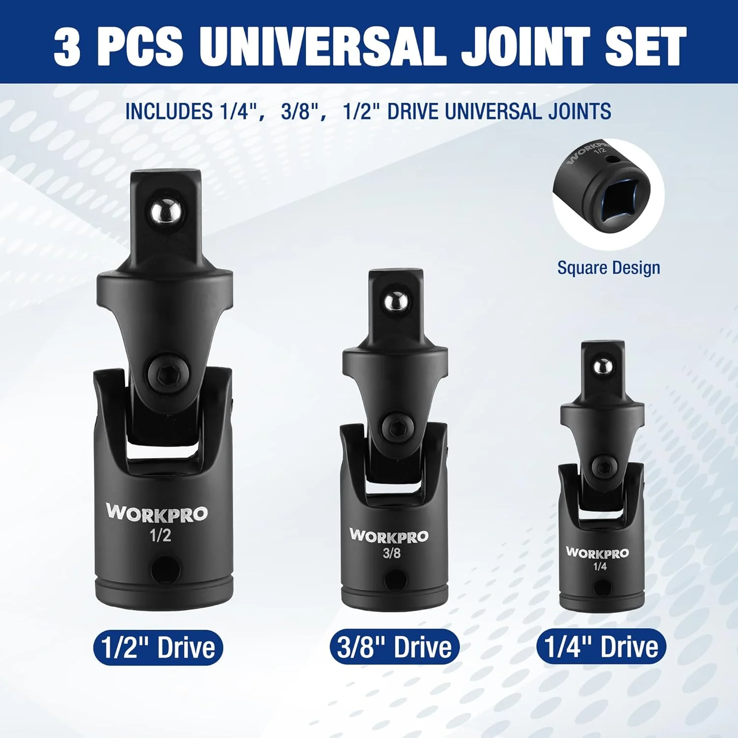 WORKPRO Universal Joint Socket Adapter Set, 3-Piece 1/4" 3/8" 1/2" Drive | Flexible U-Joint, Multi-Angle Access, CR-V Steel, Black Phosphate Finish - Image 2