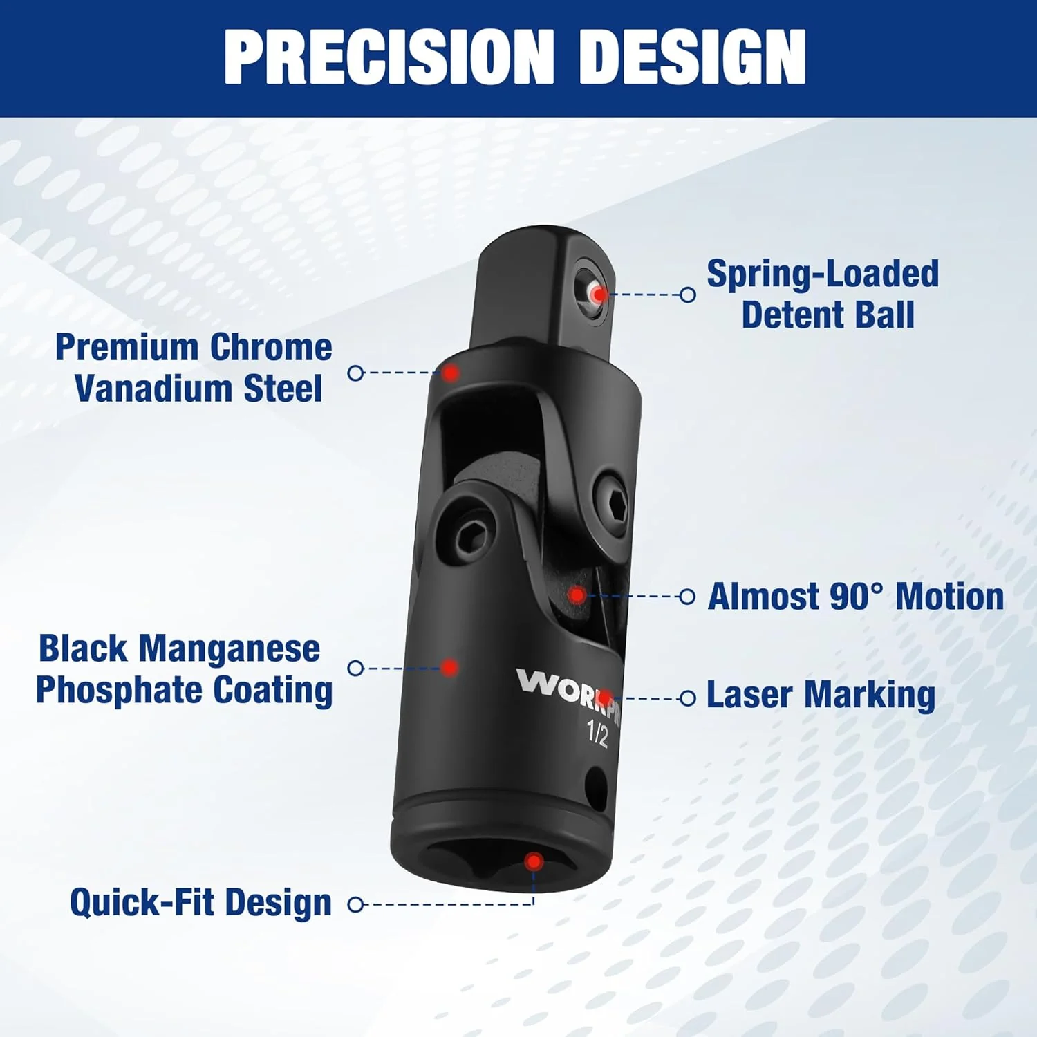 WORKPRO Universal Joint Socket Adapter Set, 3-Piece 1/4" 3/8" 1/2" Drive | Flexible U-Joint, Multi-Angle Access, CR-V Steel, Black Phosphate Finish - Image 4