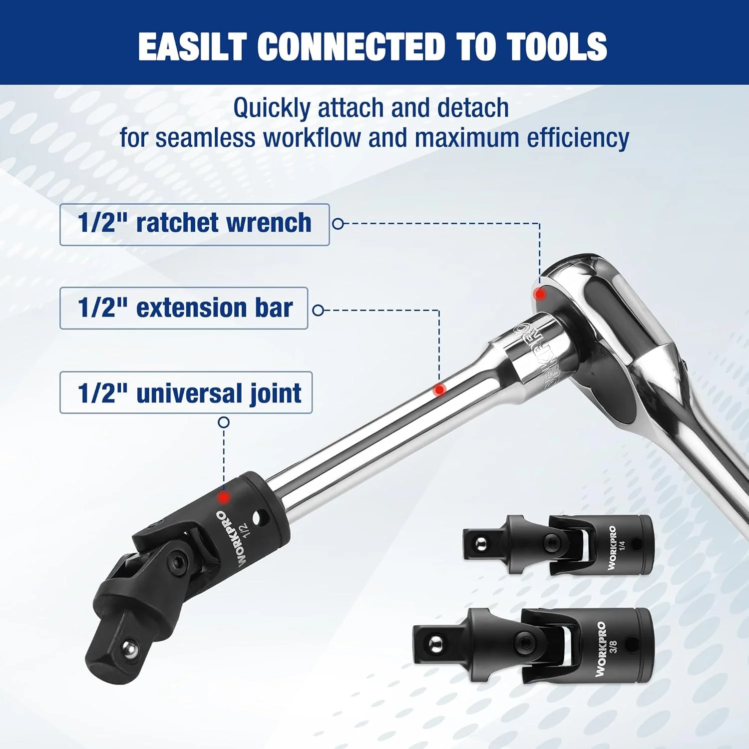 WORKPRO Universal Joint Socket Adapter Set, 3-Piece 1/4" 3/8" 1/2" Drive | Flexible U-Joint, Multi-Angle Access, CR-V Steel, Black Phosphate Finish - Image 5