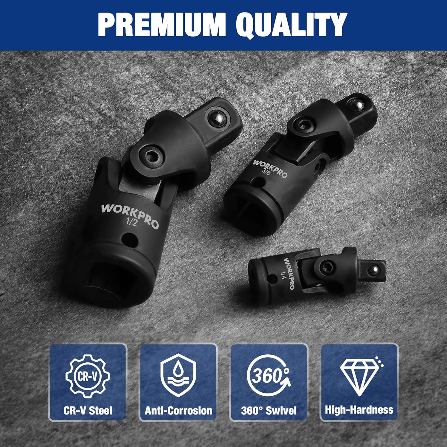 WORKPRO Universal Joint Socket Adapter Set, 3-Piece 1/4" 3/8" 1/2" Drive | Flexible U-Joint, Multi-Angle Access, CR-V Steel, Black Phosphate Finish - Image 6