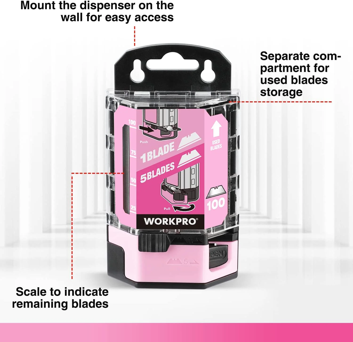 WORKPRO 100 Pcs SK5 Carbon Steel Utility Knife Blades Replacement with Dispenser - Pink Ribbon - Image 3
