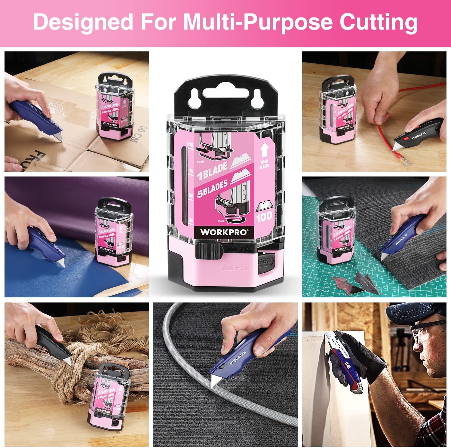 WORKPRO 100 Pcs SK5 Carbon Steel Utility Knife Blades Replacement with Dispenser - Pink Ribbon - Image 5