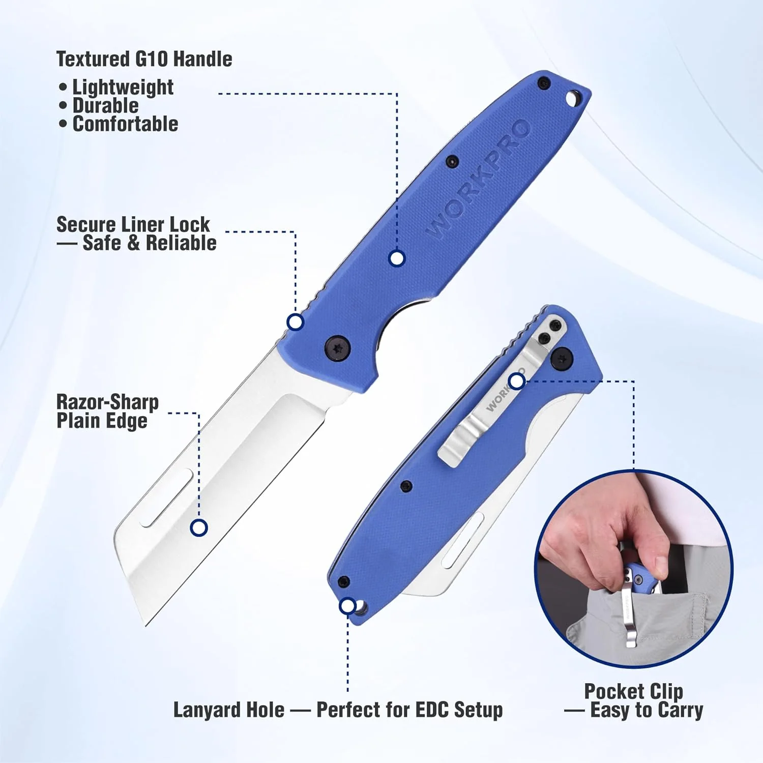 WORKPRO Utility Knife, Electrician and Folding Pocket Knife with Stainless Plain Edge for lineman Cable Skinning - Image 4