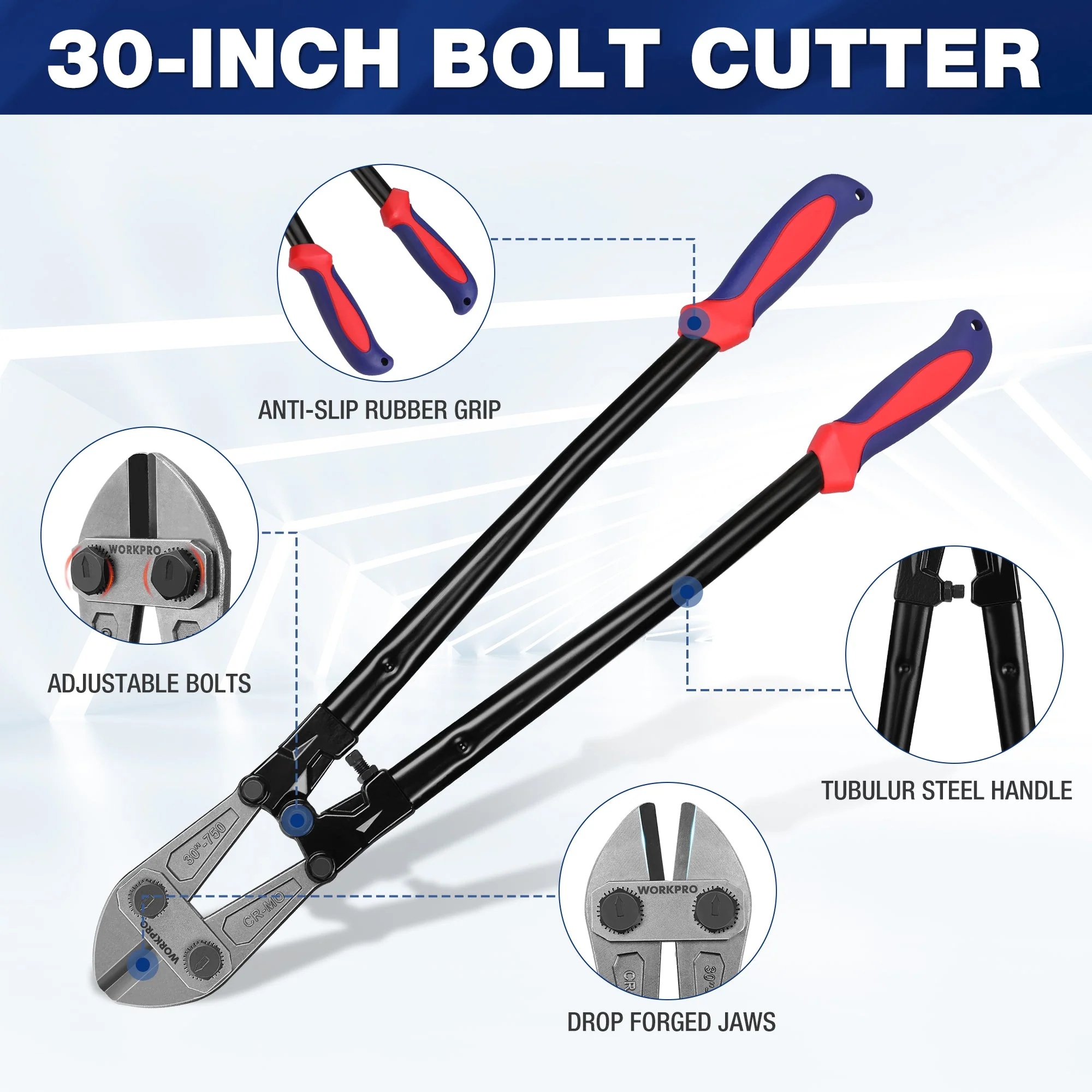 WORKPRO W017007A Bolt Cutter, Bi-Material Handle with Soft Rubber Grip, 30", Chrome Molybdenum Steel Blade - Image 2