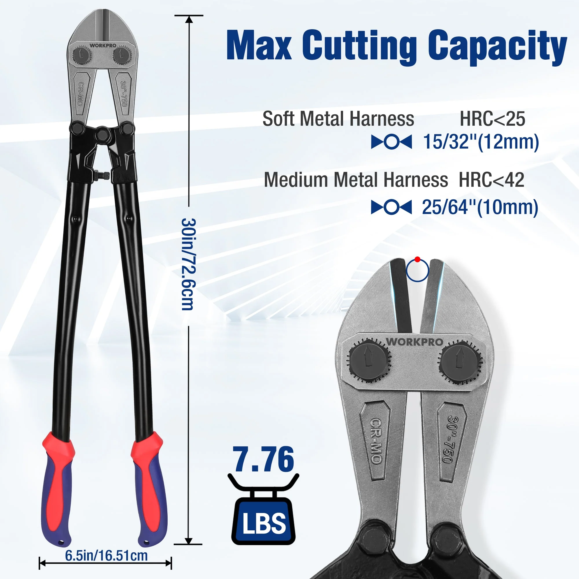 WORKPRO W017007A Bolt Cutter, Bi-Material Handle with Soft Rubber Grip, 30", Chrome Molybdenum Steel Blade - Image 4