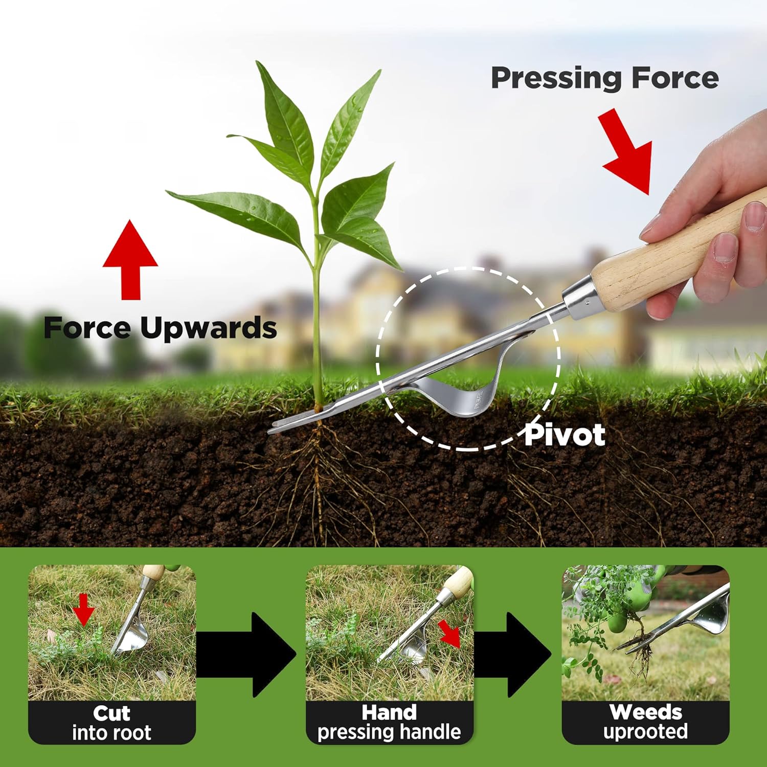 WORKPRO Weed Puller Tool, Metal Leverage Base and V-Shaped Forks for Easy Weed Removal & Deeper Root Digging, Heavy Duty Stainless Steel with Soft Handle, Manual Hand Weeder for Gardening - Image 2