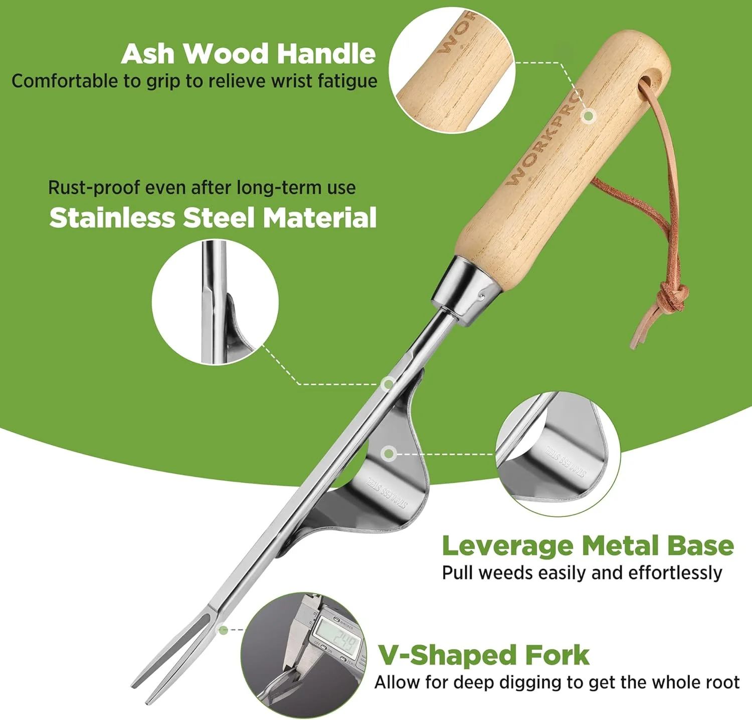 WORKPRO Weed Puller Tool, Metal Leverage Base and V-Shaped Forks for Easy Weed Removal & Deeper Root Digging, Heavy Duty Stainless Steel with Soft Handle, Manual Hand Weeder for Gardening - Image 3